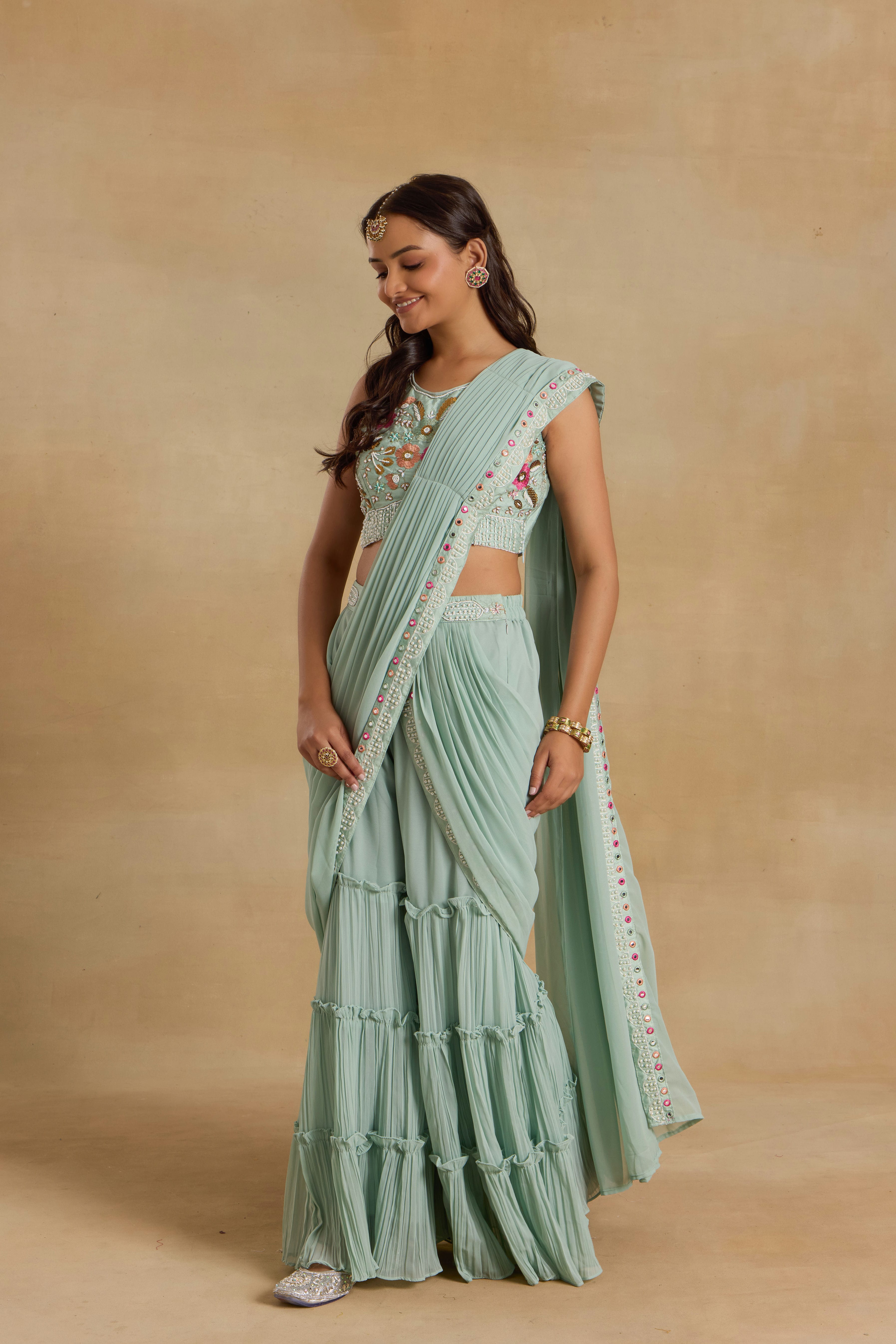 Alaya Heer Aqua Blue Garara Sari Set