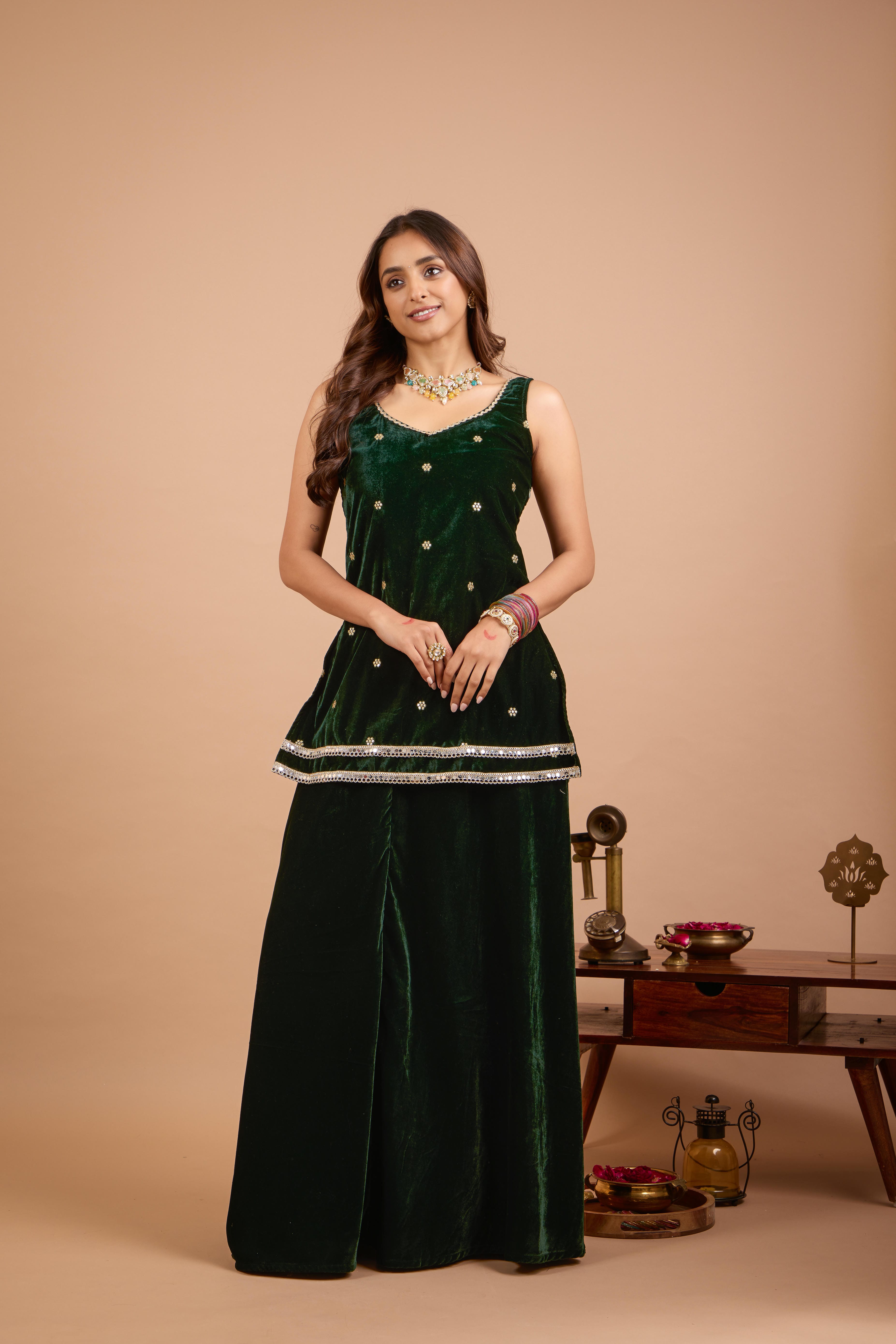 Alaya Jugni Emerald Luxe Velvet Cami Kurta Set