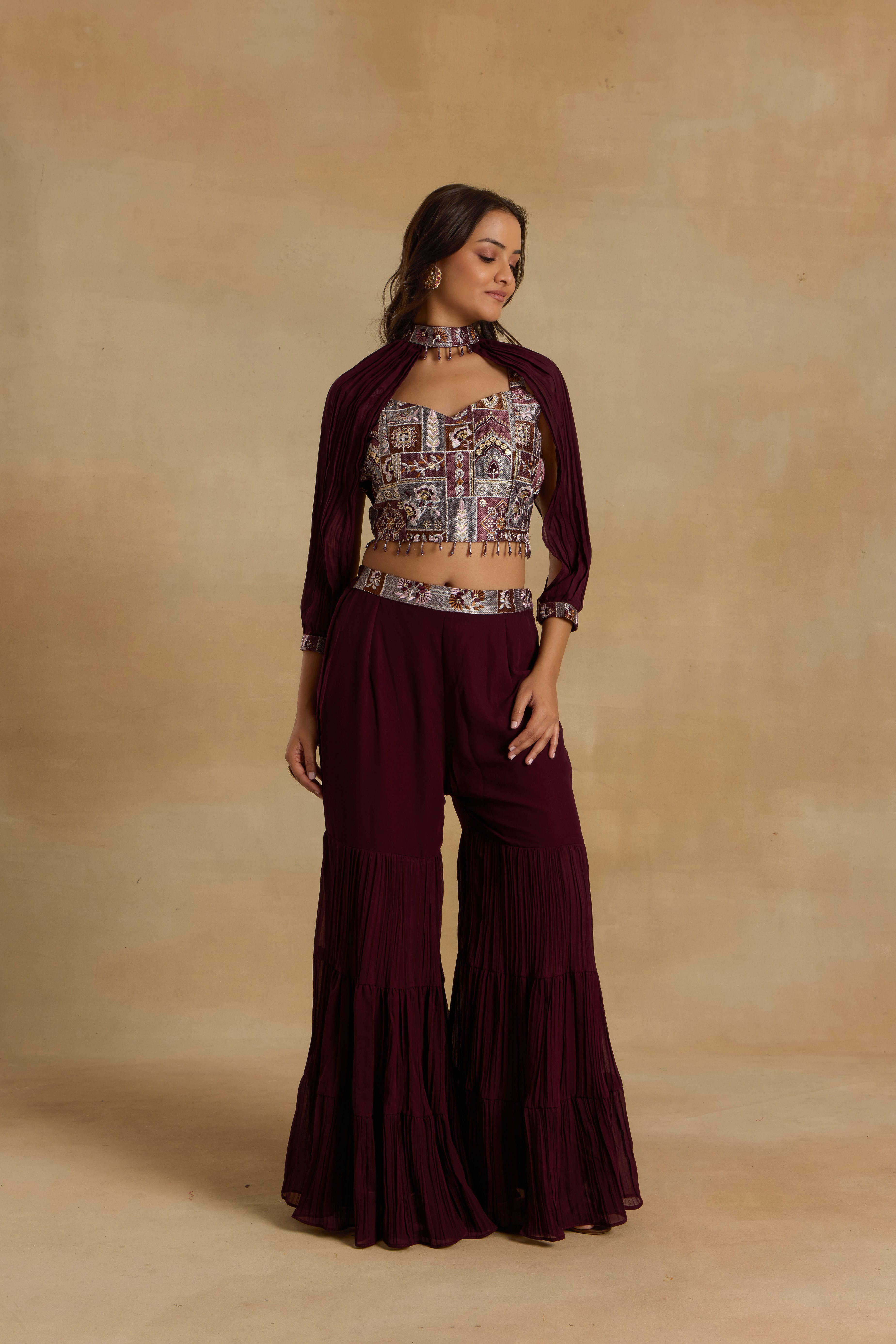 Alaya Heer Berrybloom Purple Gharara Set With Cape