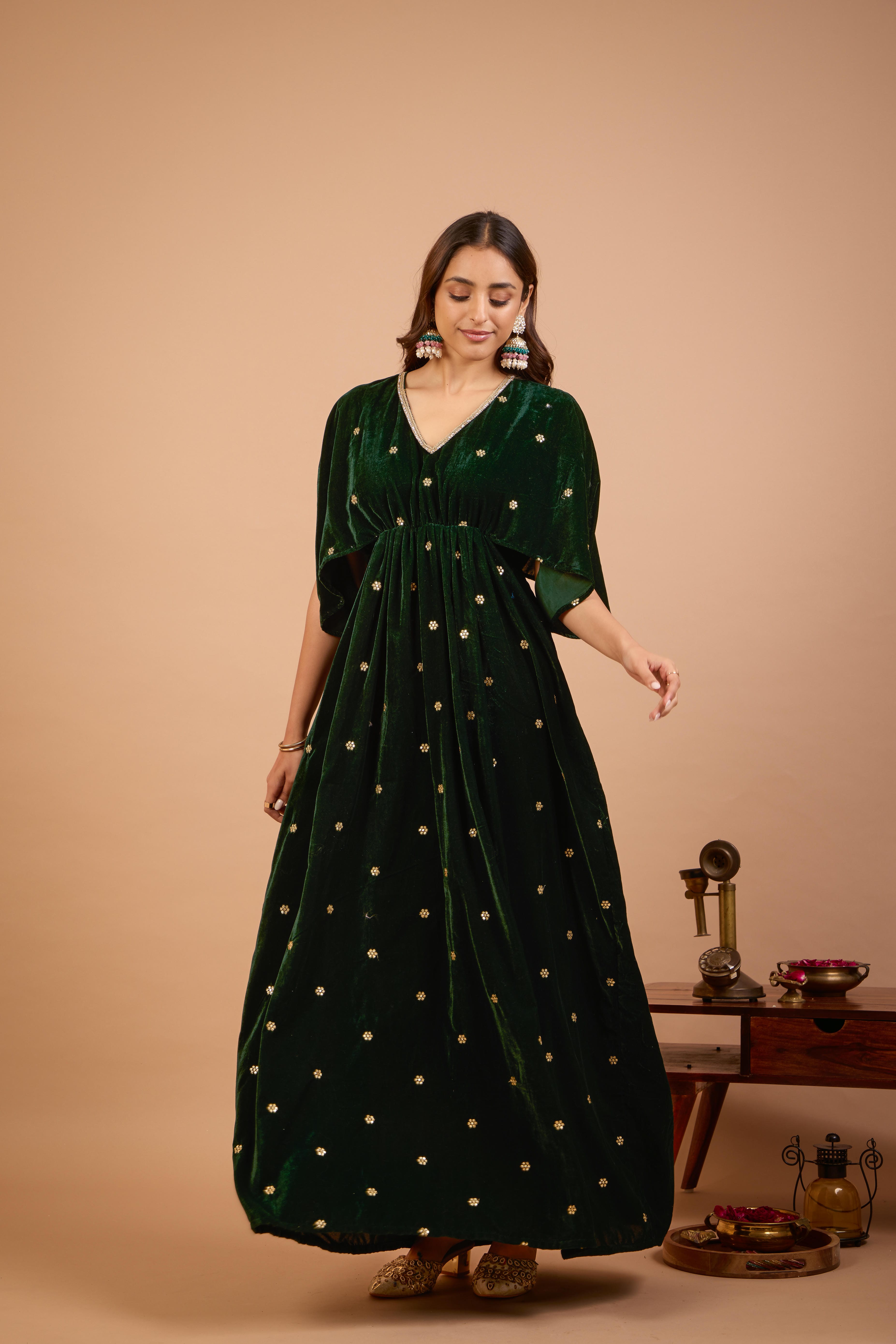 Alaya Jugni Emerald Green Velvet Vines Kaftan