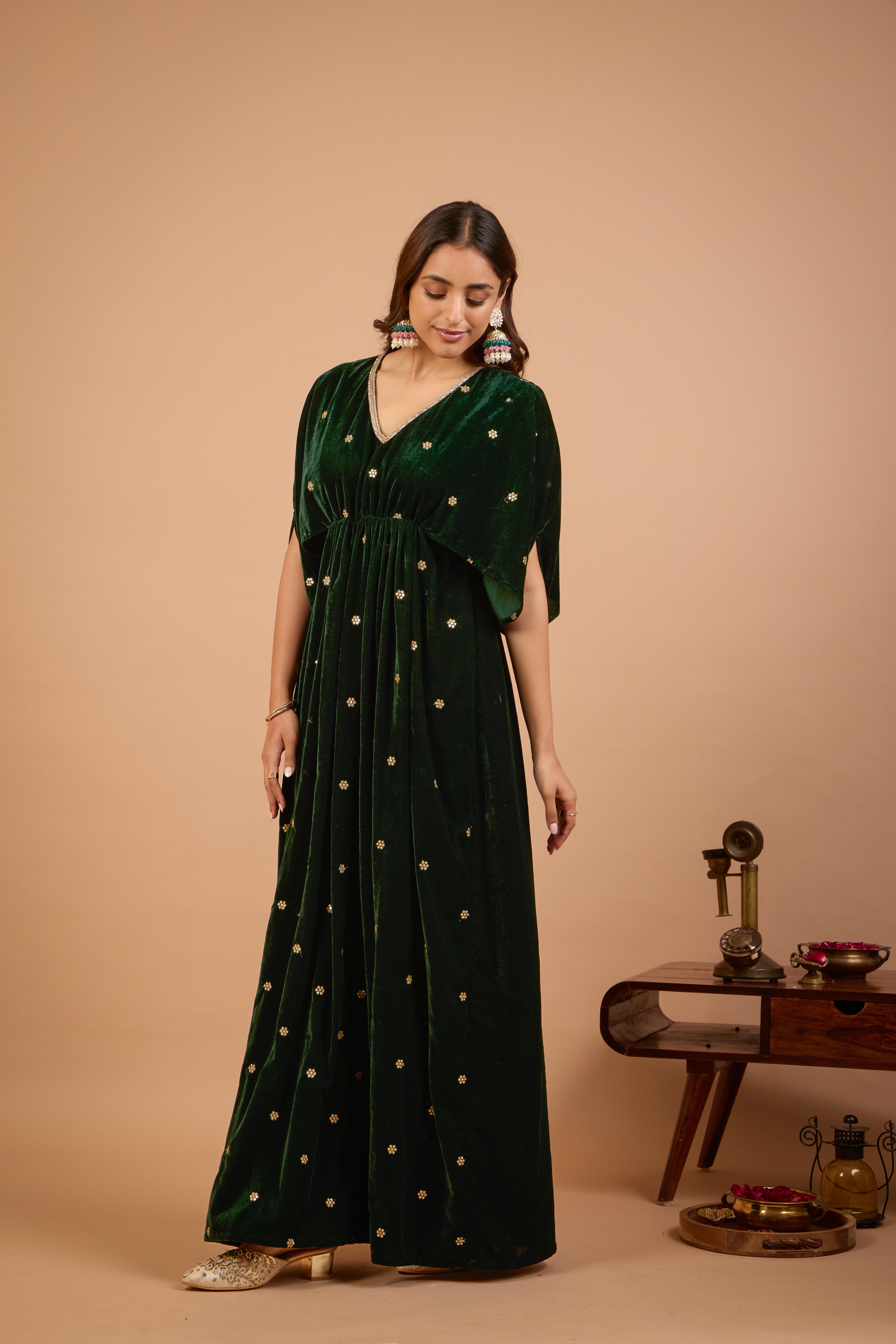 Alaya Jugni Emerald Green Velvet Vines Kaftan