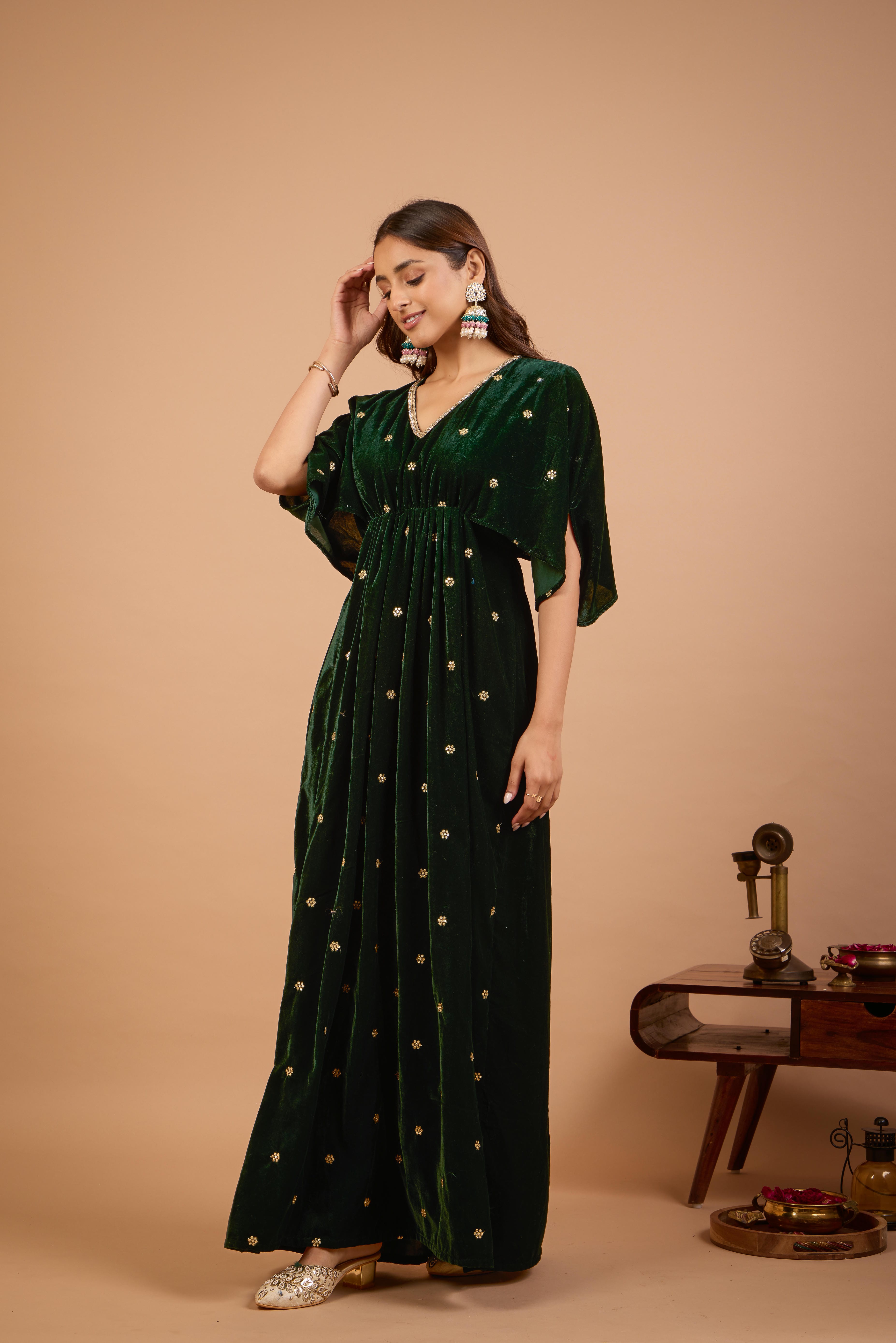 Alaya Jugni Emerald Green Velvet Vines Kaftan