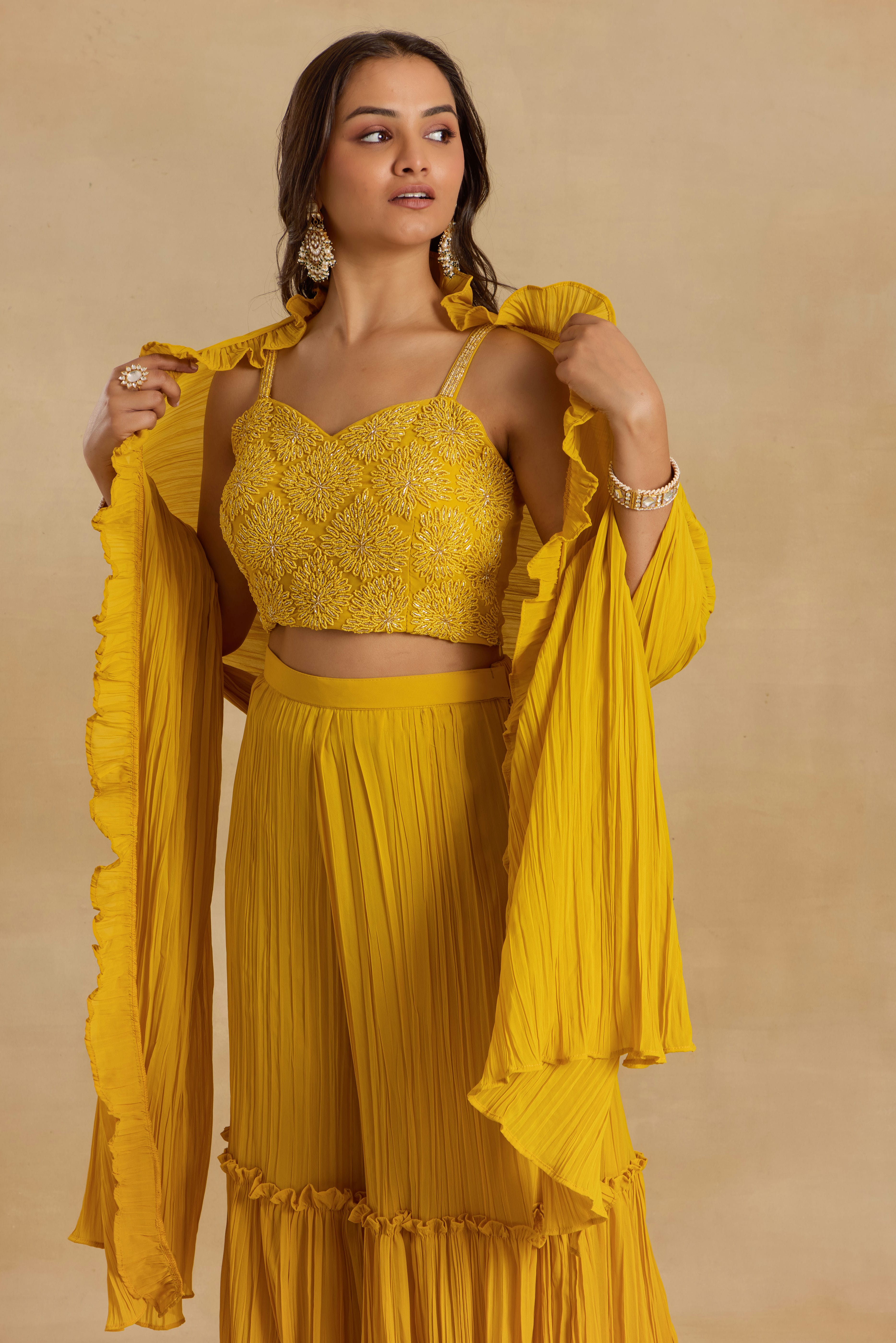 Alaya Heer Amber Glow Yellow Cape-sharara Set