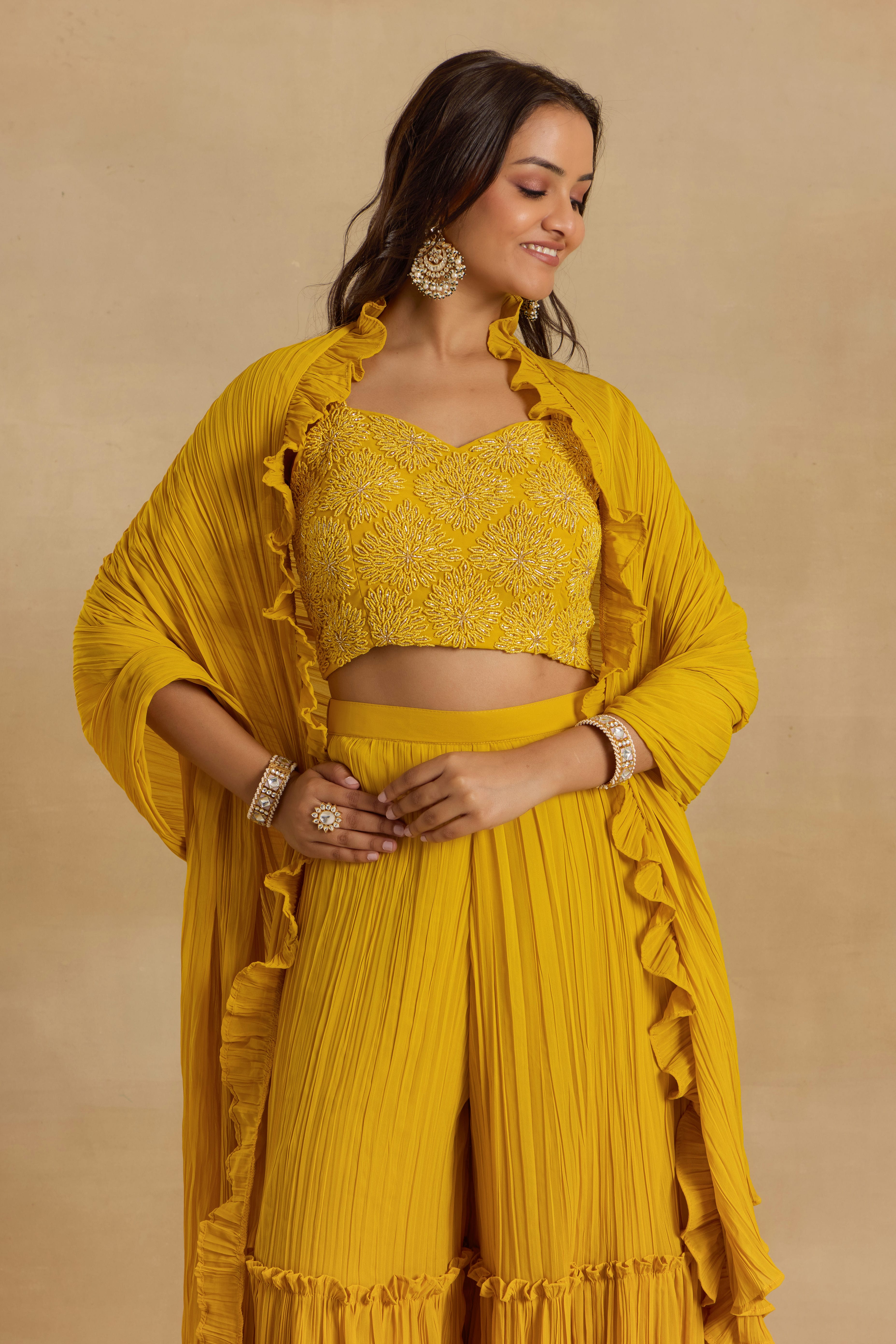 Alaya Heer Amber Glow Yellow Cape-sharara Set