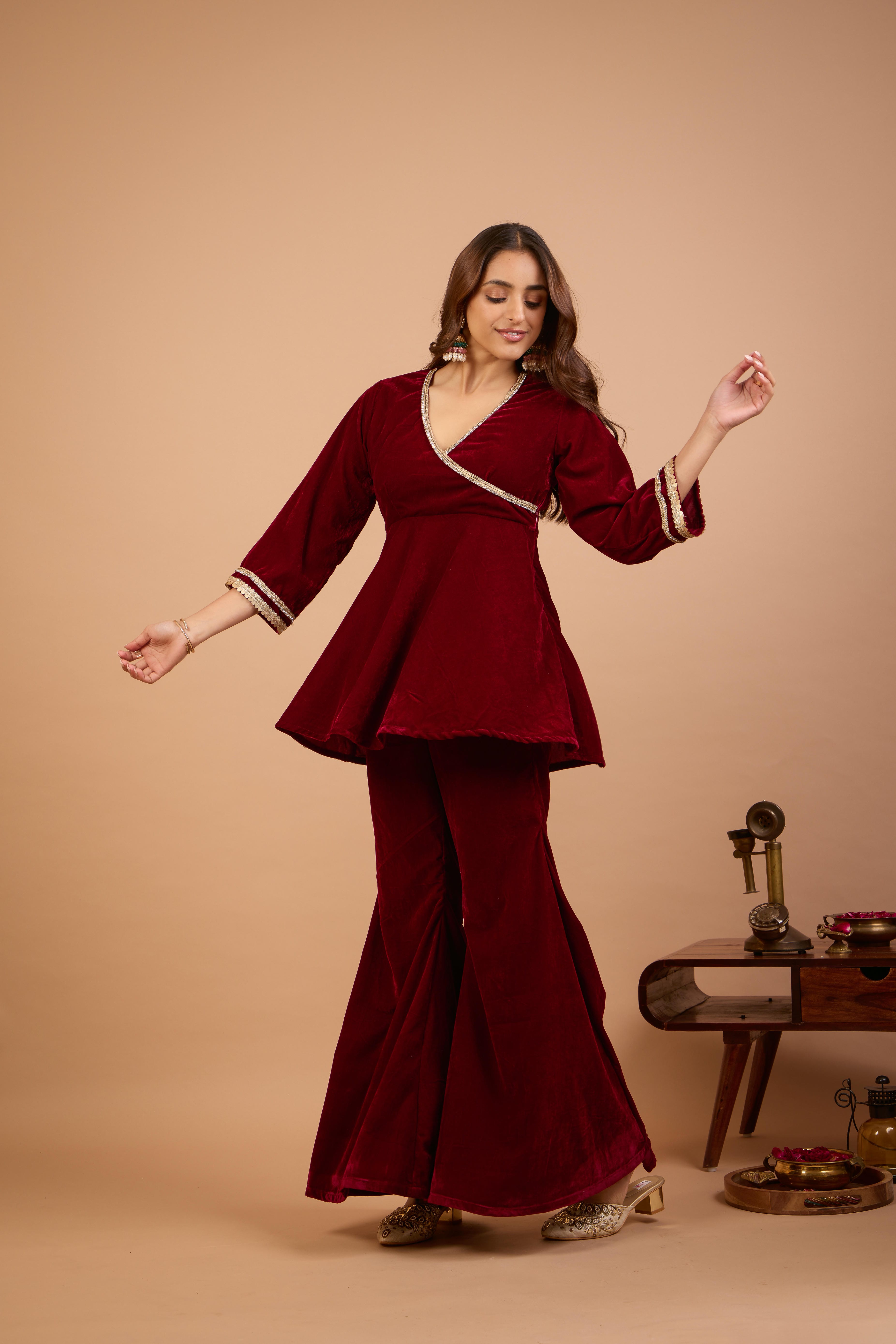 Alaya Jugni Plum Red Peplum Kurta with Plain Gharara