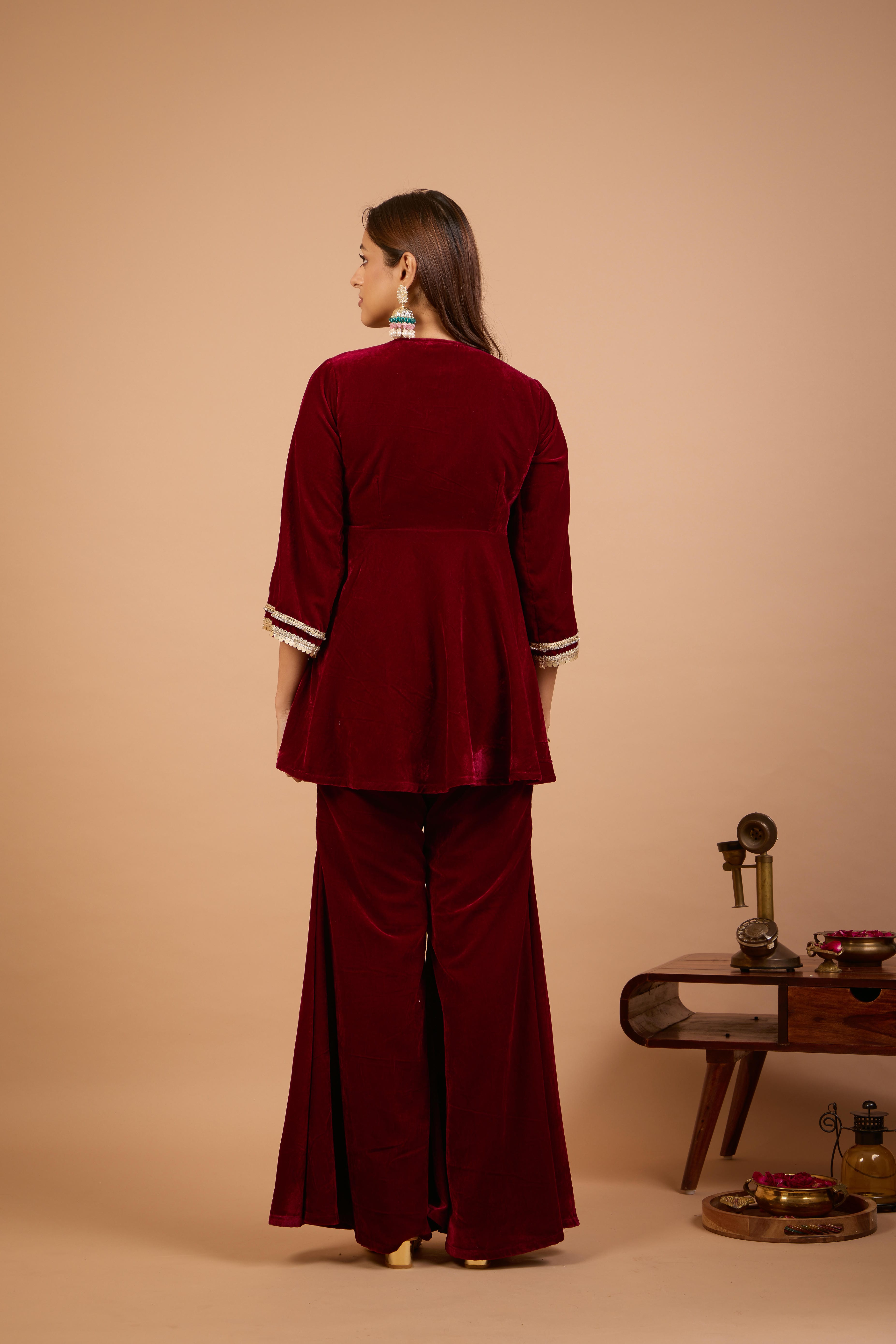 Alaya Jugni Plum Red Peplum Kurta with Plain Gharara