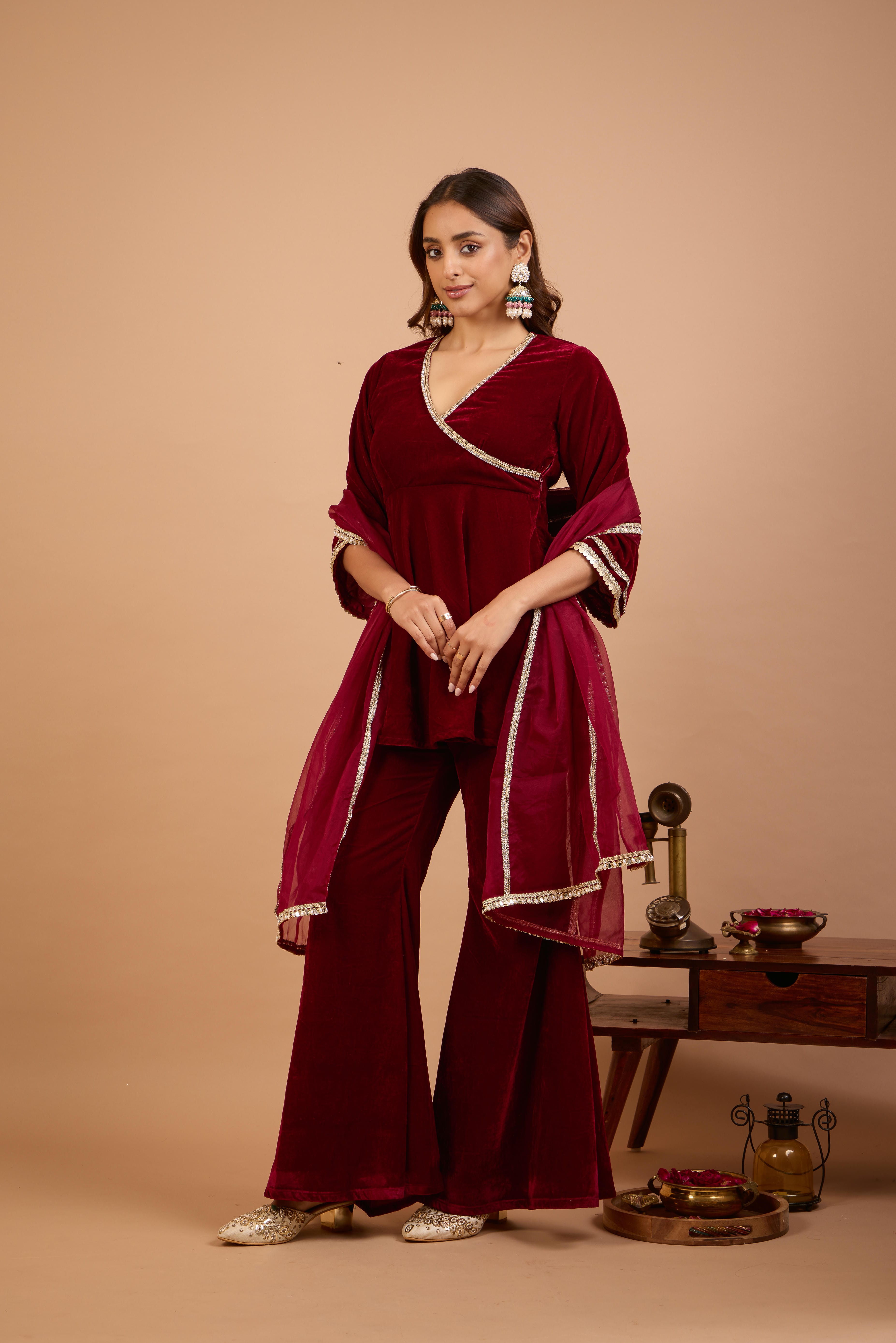 Alaya Jugni Plum Red Peplum Kurta with Plain Gharara