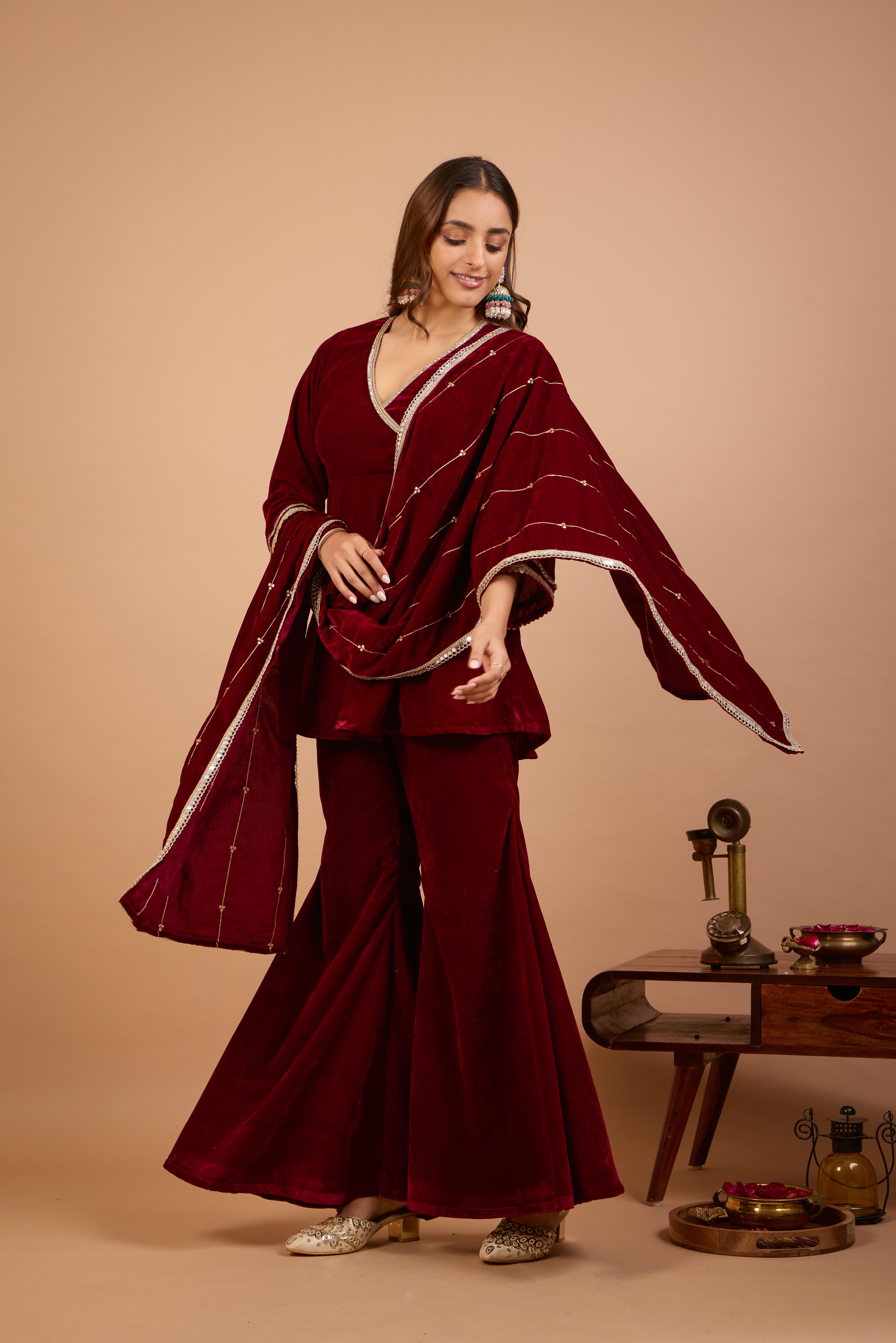 Alaya Jugni Plum Red Peplum Kurta with Plain Gharara