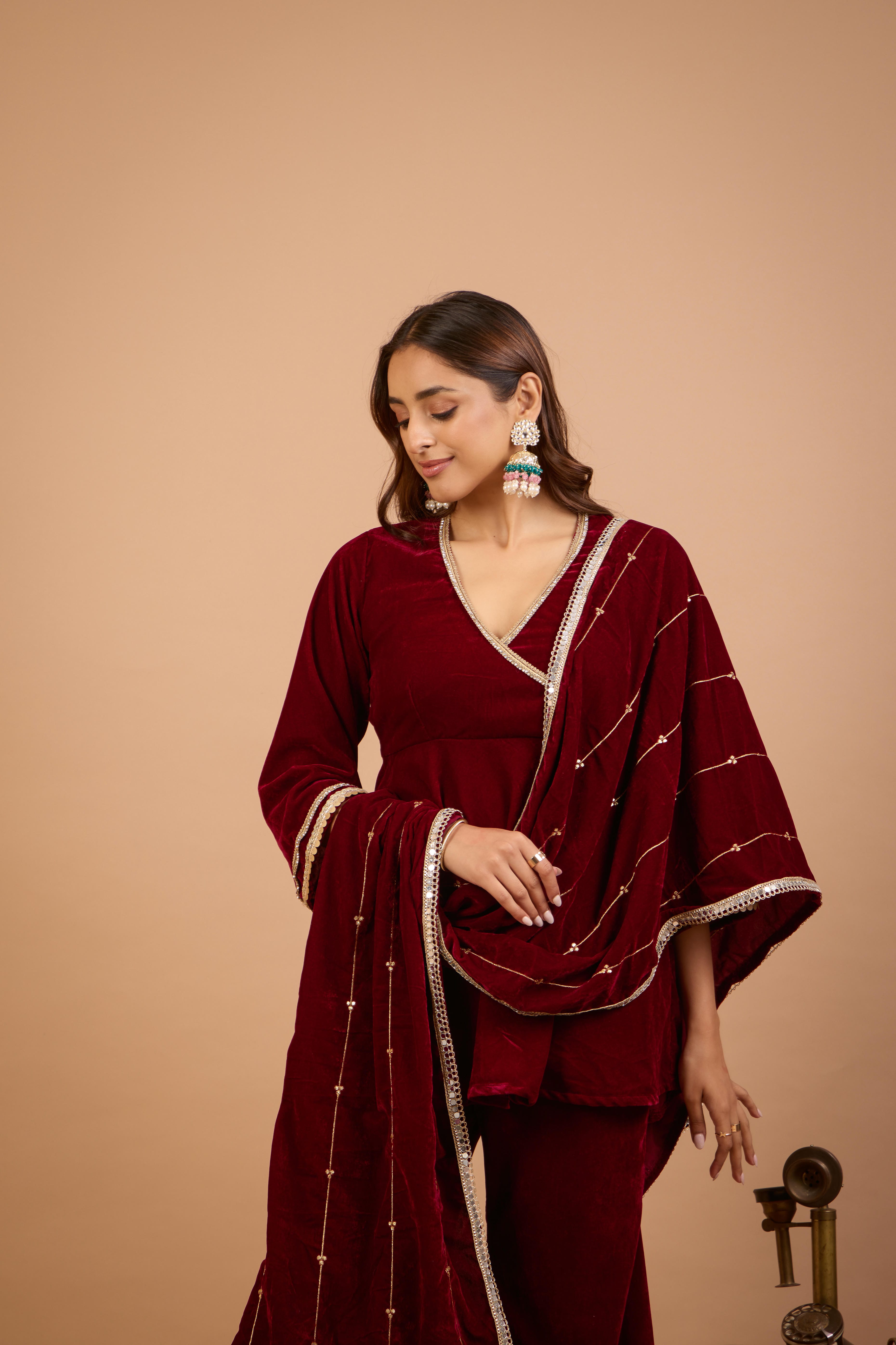 Alaya Jugni Plum Red Peplum Kurta with Embroidered Gharara