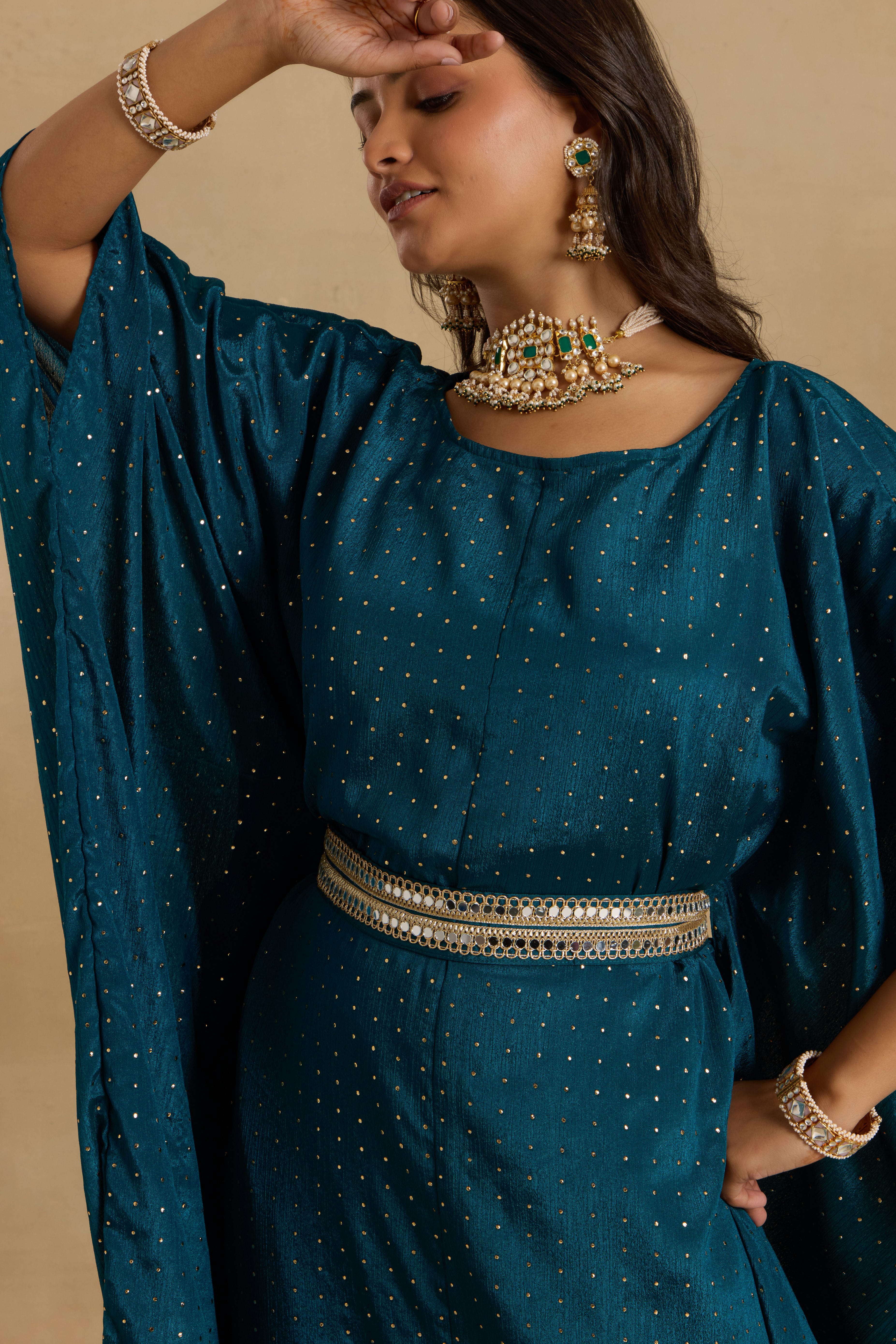 Alaya Heer Teal Twilight Kaftan With Belt