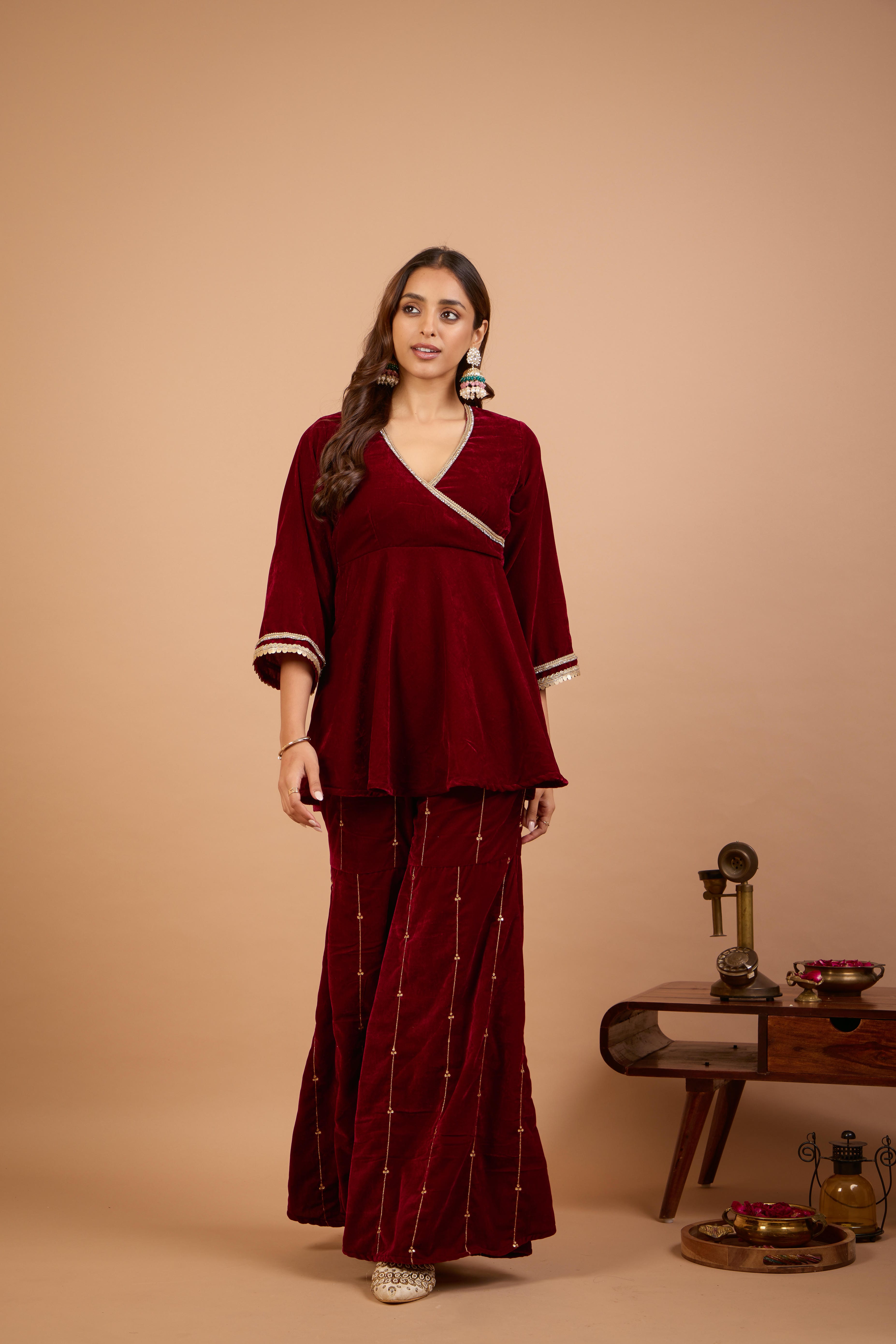 Alaya Jugni Plum Red Embroidered Gharara