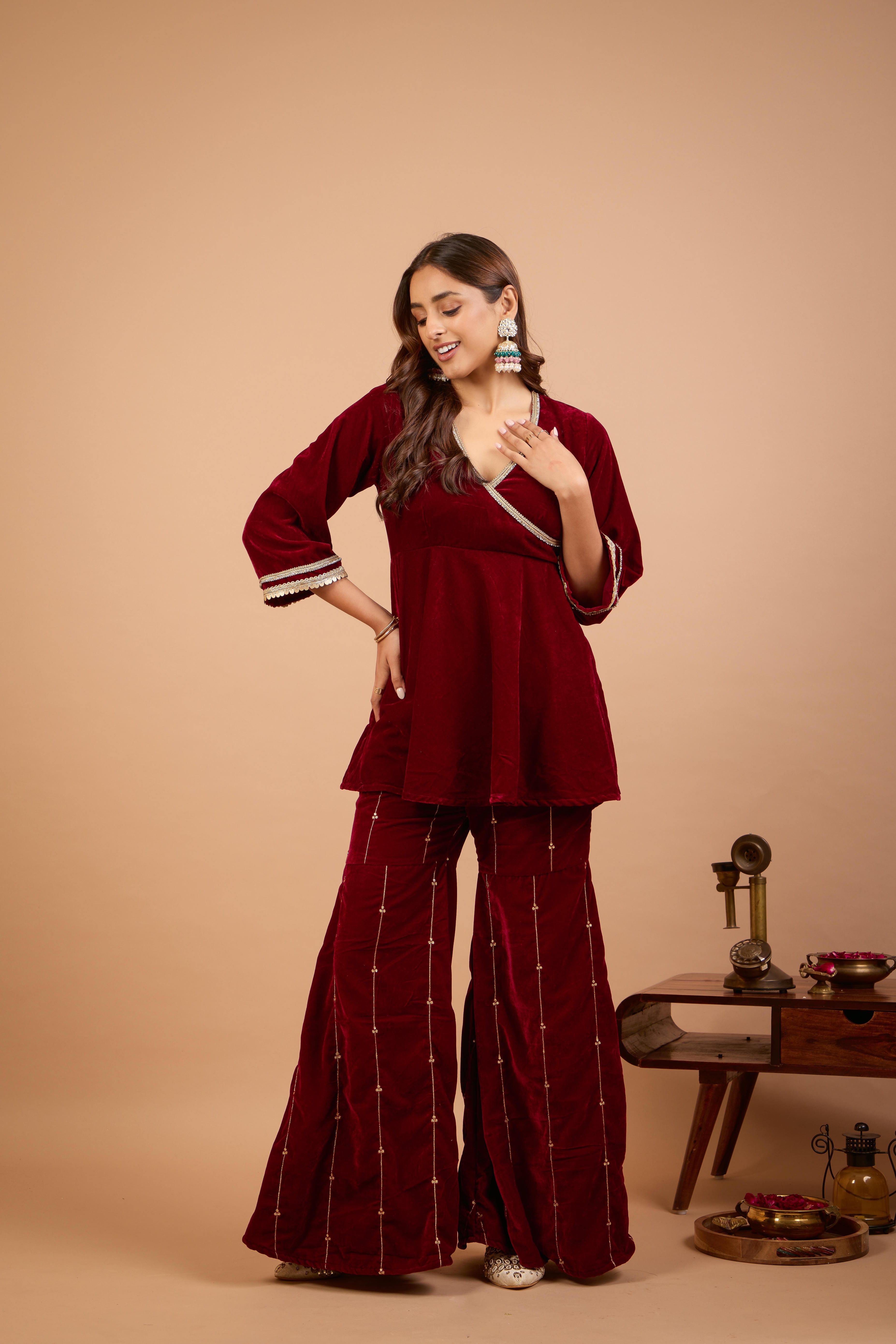 Alaya Jugni Plum Red Embroidered Gharara