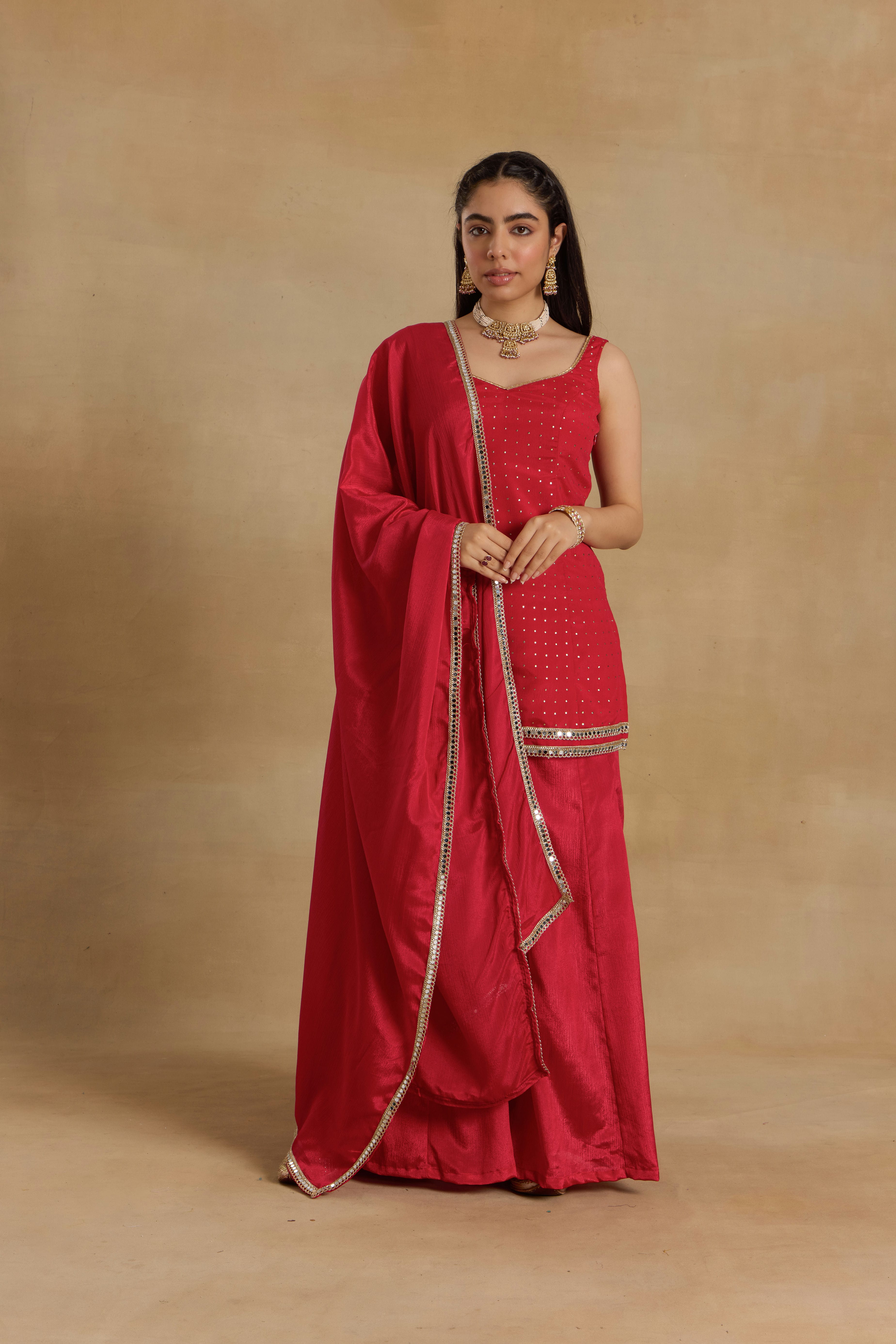 Alaya Heer Proper Patola Red Cami-Sharara Set with Choker Dupatta