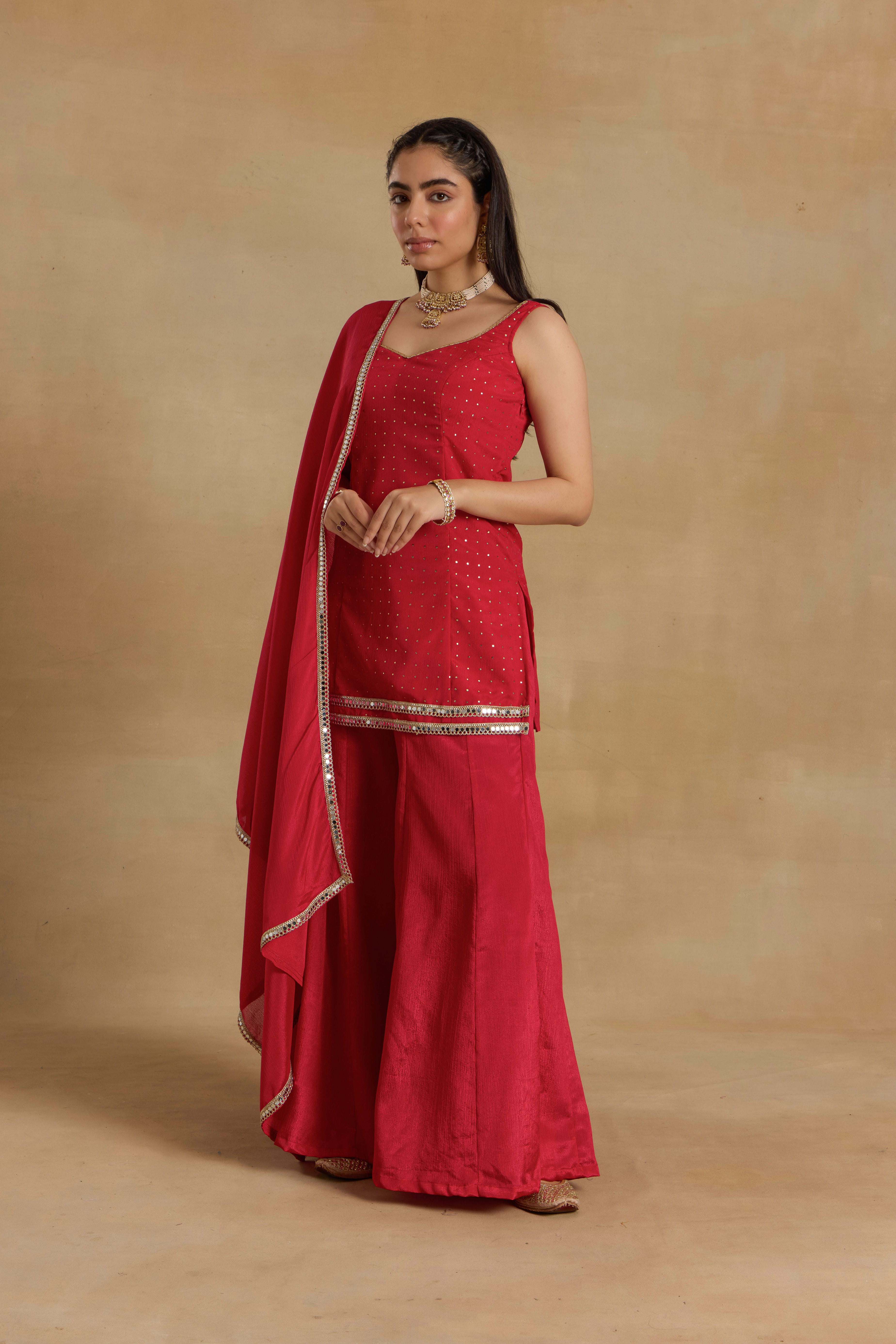 Alaya Heer Proper Patola Red Cami-Sharara Set with Choker Dupatta