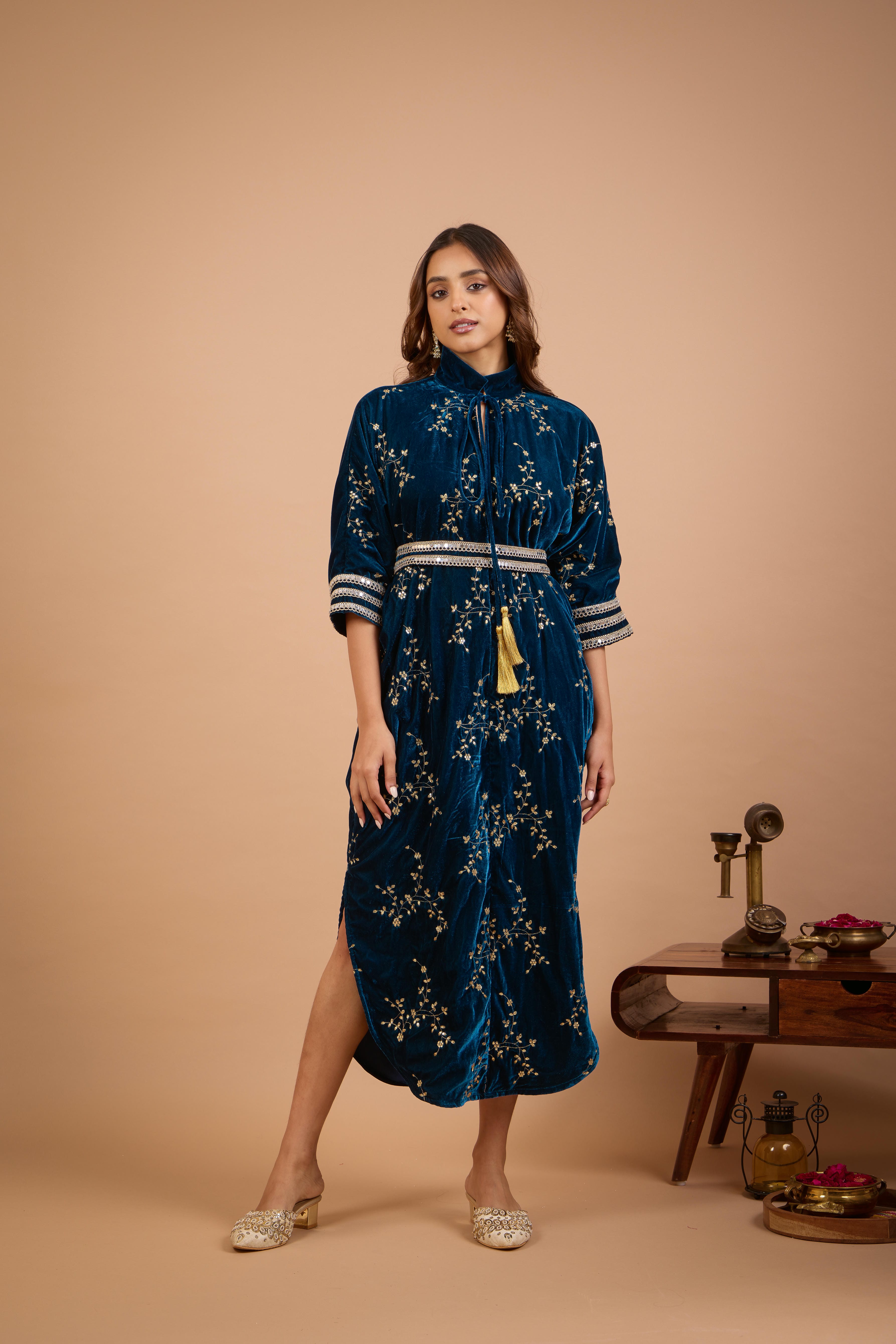 Alaya Jugni Bahamas Blue Velvet Embroidered Ruhani Kaftan