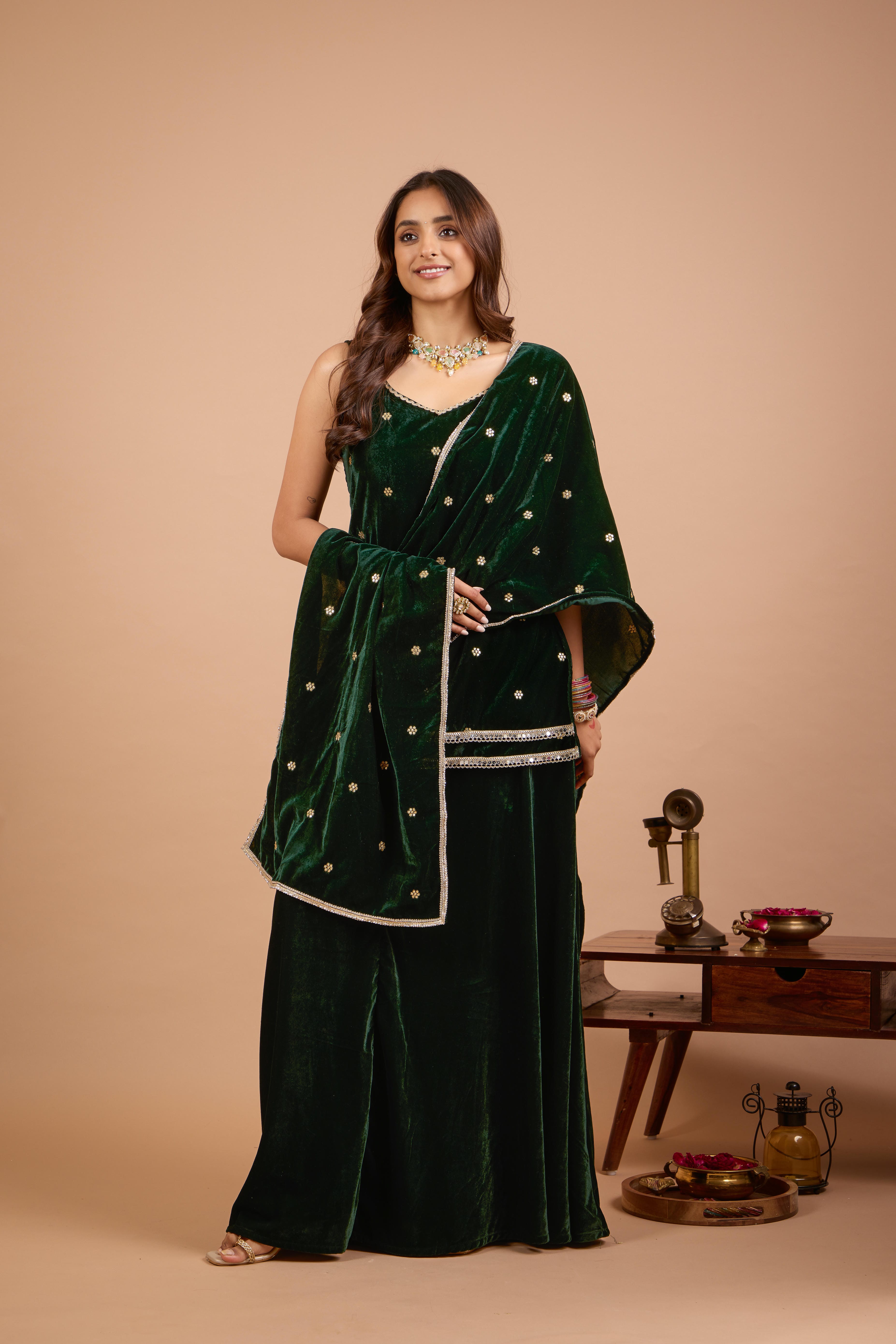 Alaya Jugni Emerald Luxe Velvet Cami Kurta Set