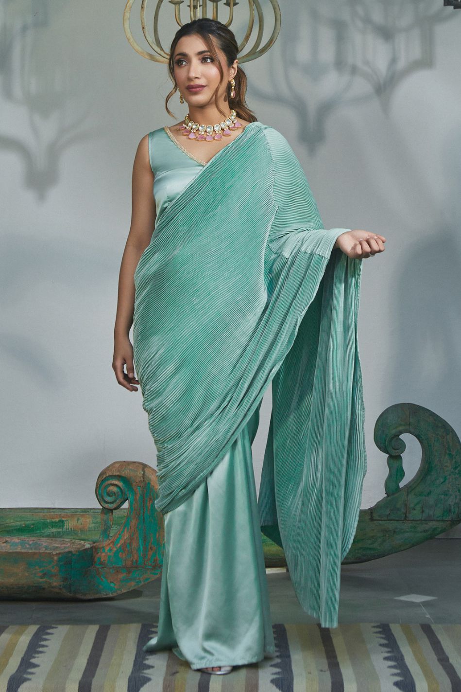 Cister Co Pista Green Pleated Drape Sari Set