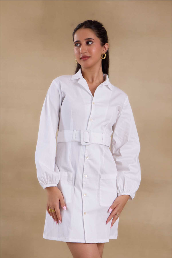 Alaya Essentials White Belted Blazer Dress