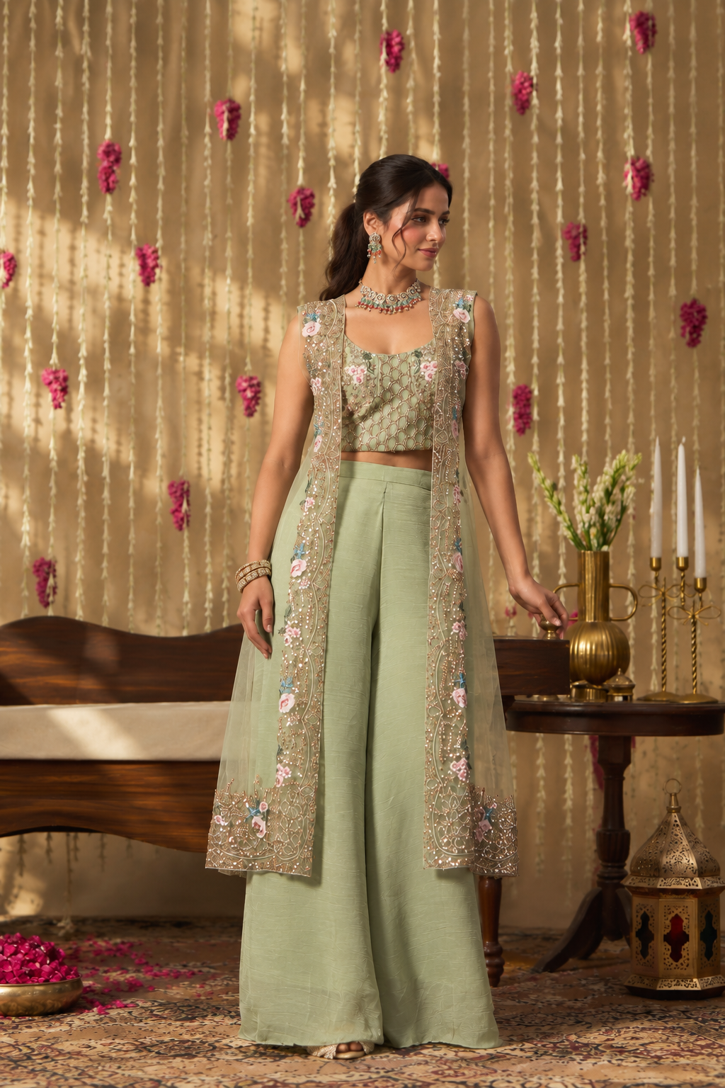 Jhoom Mint Embroidered Overlay Set