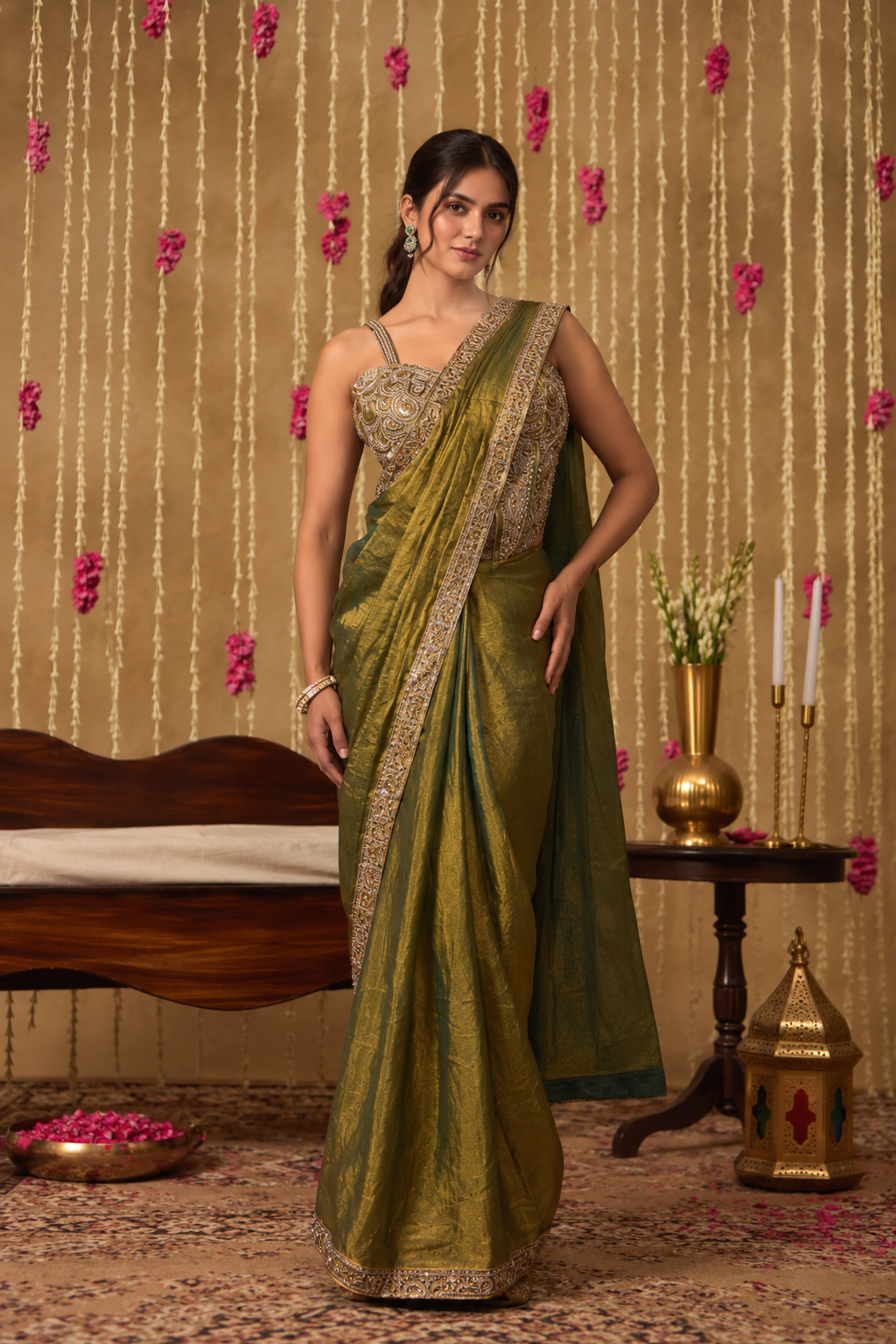 Jhoom Olive Embroidered Saree Set