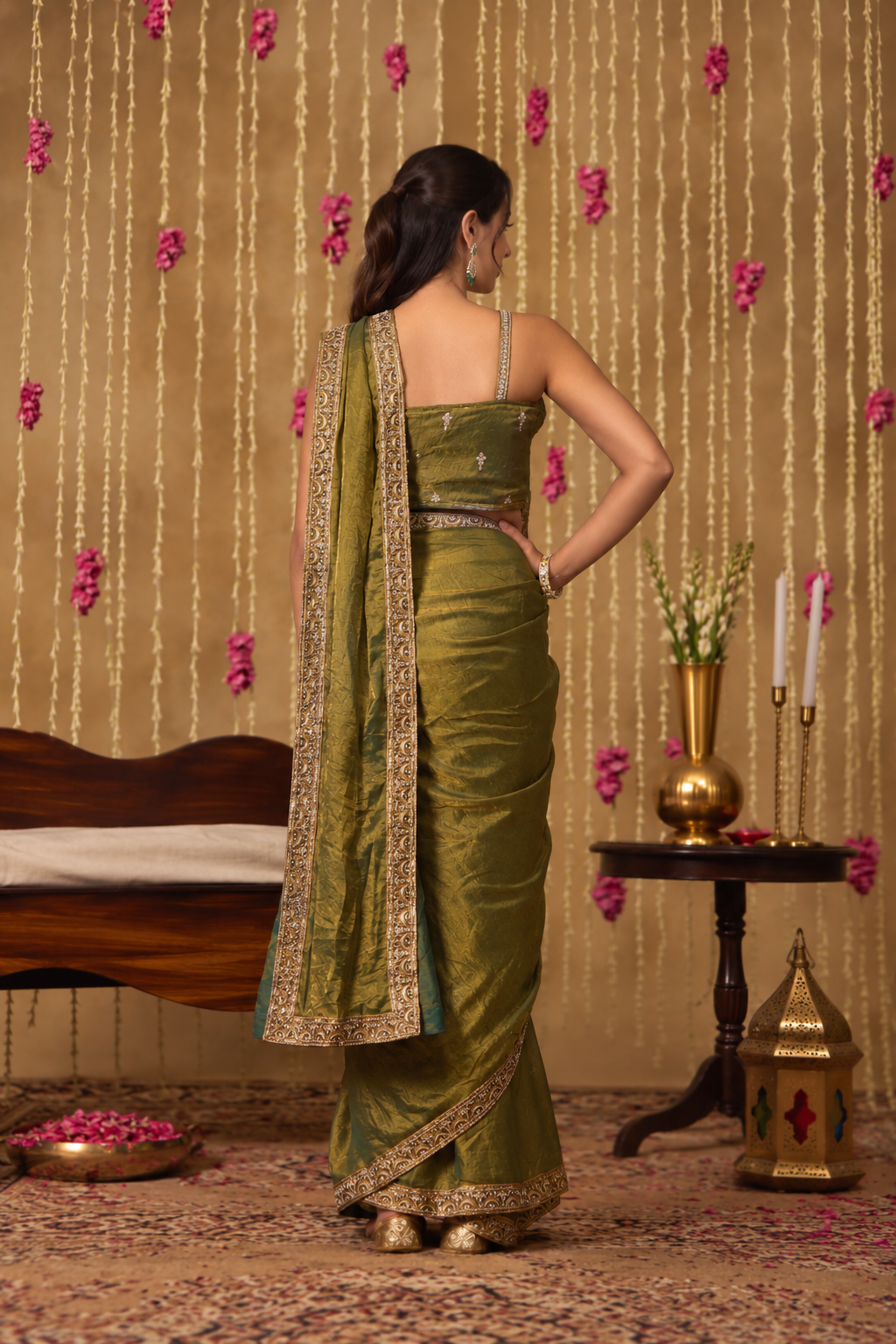 Jhoom Olive Embroidered Saree Set