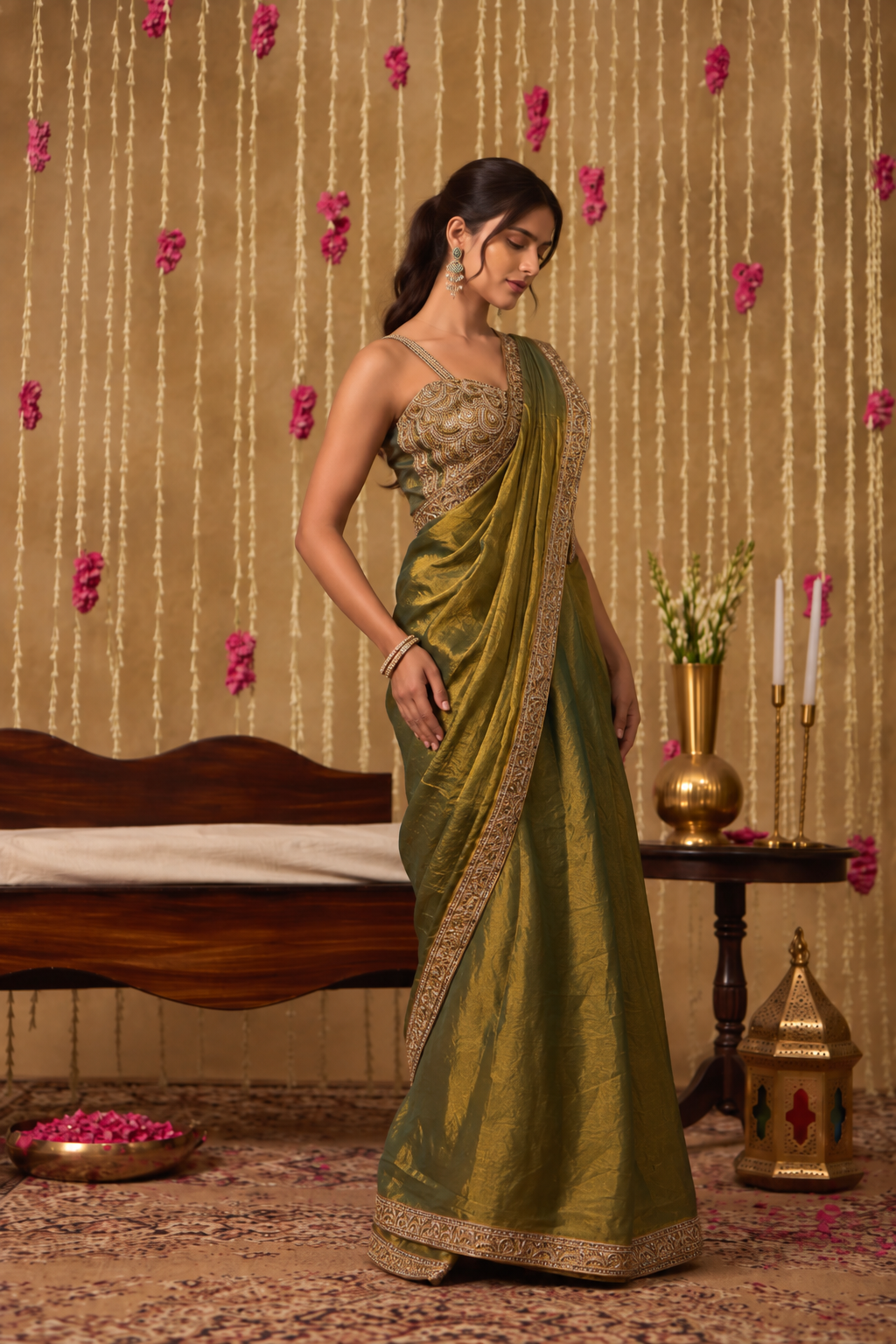 Jhoom Olive Embroidered Saree Set