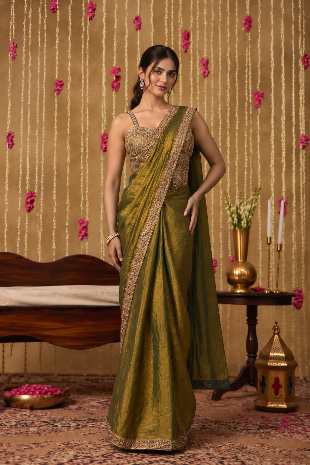 Jhoom Olive Embroidered Saree Set