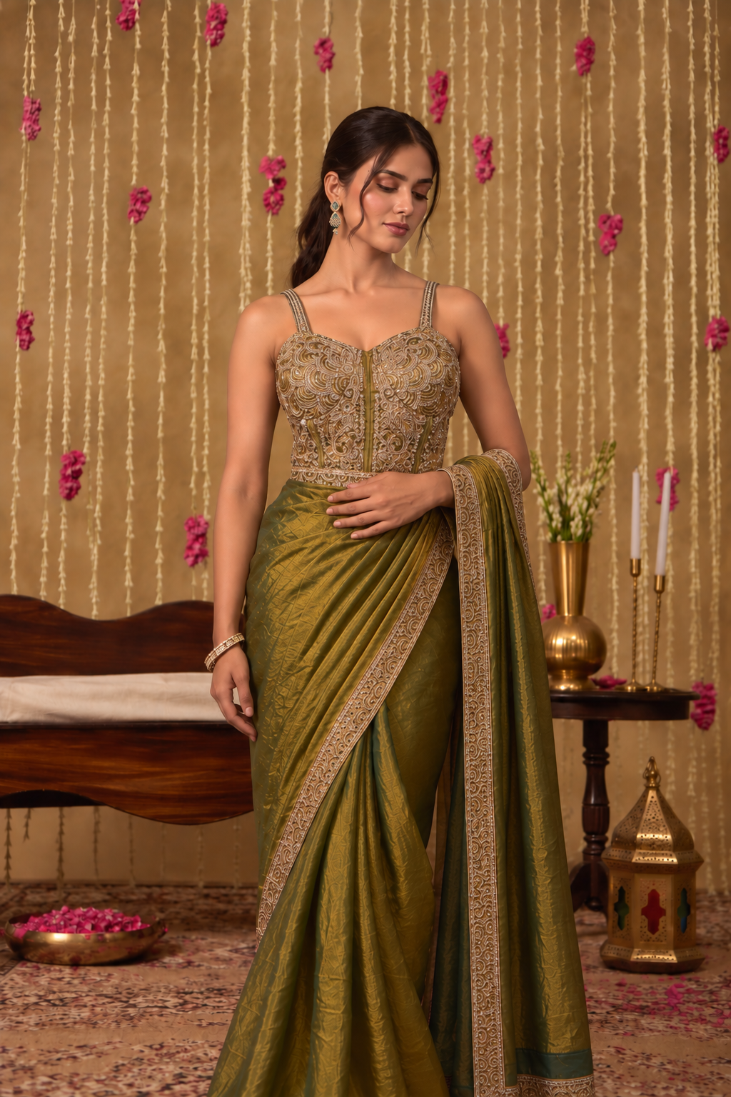 Jhoom Olive Embroidered Saree Set