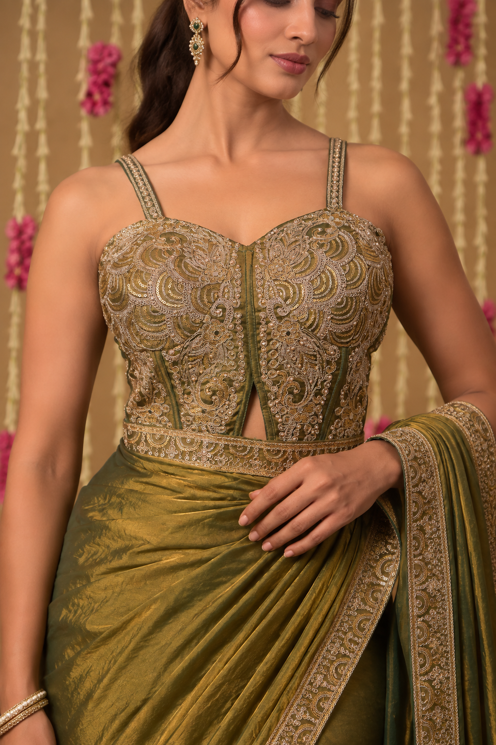 Jhoom Olive Embroidered Saree Set