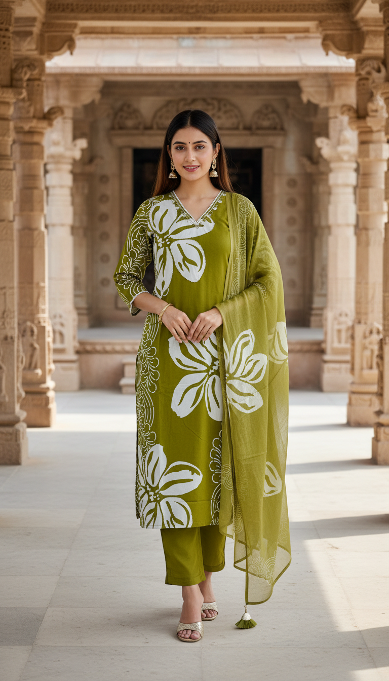 Alaya Select Olive Bloom Cotton Kurta Set