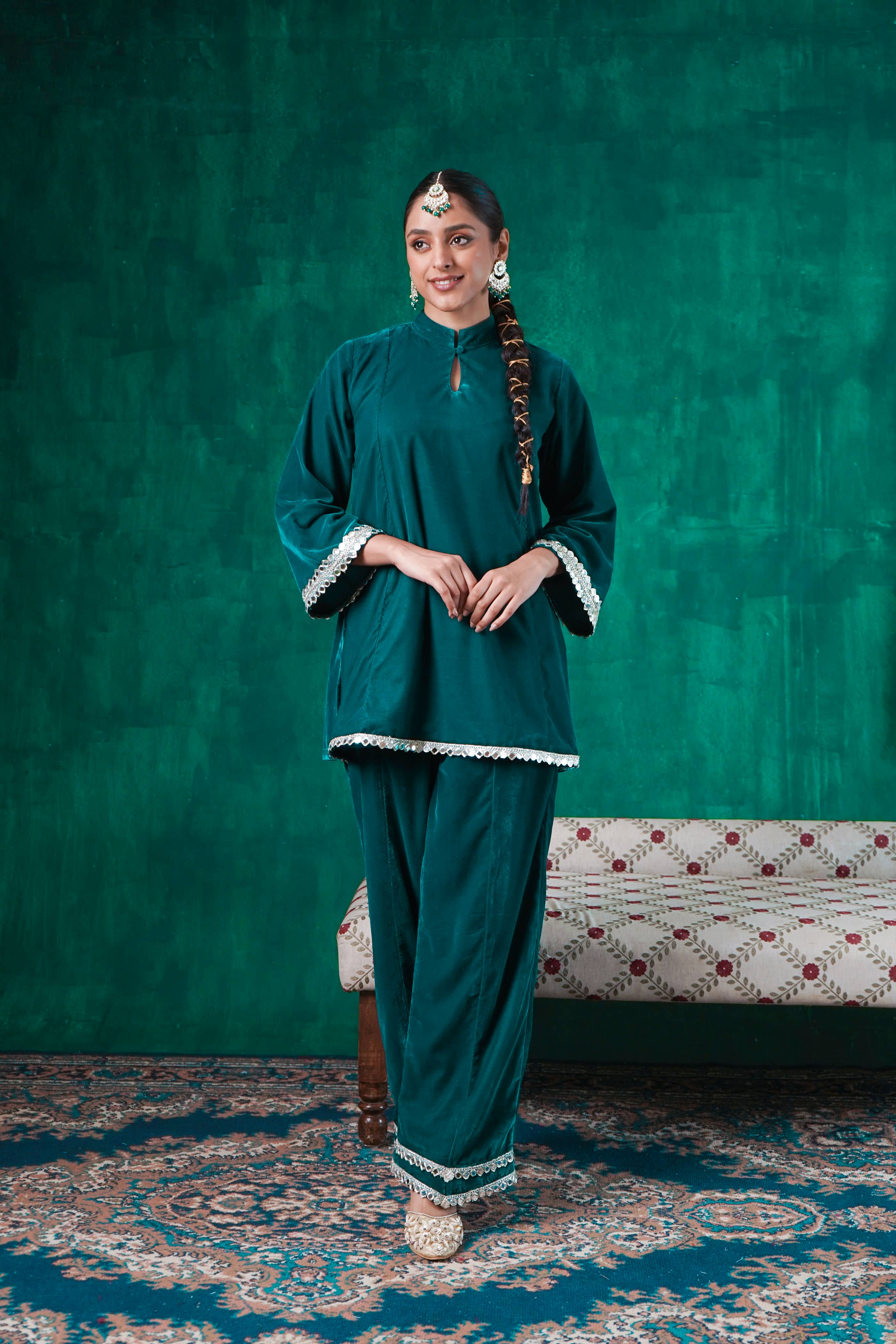 Rutba Green Velvet Mirrorwork Kurta