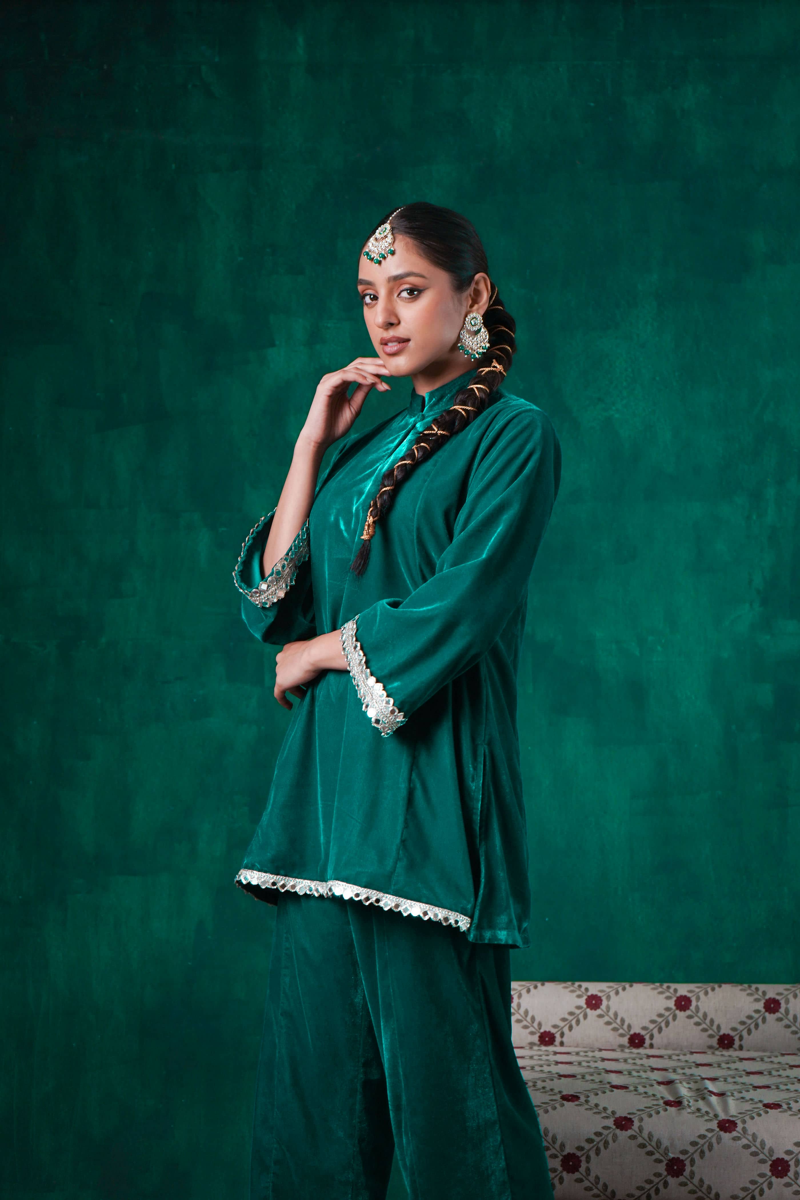 Rutba Green Velvet Mirrorwork Kurta