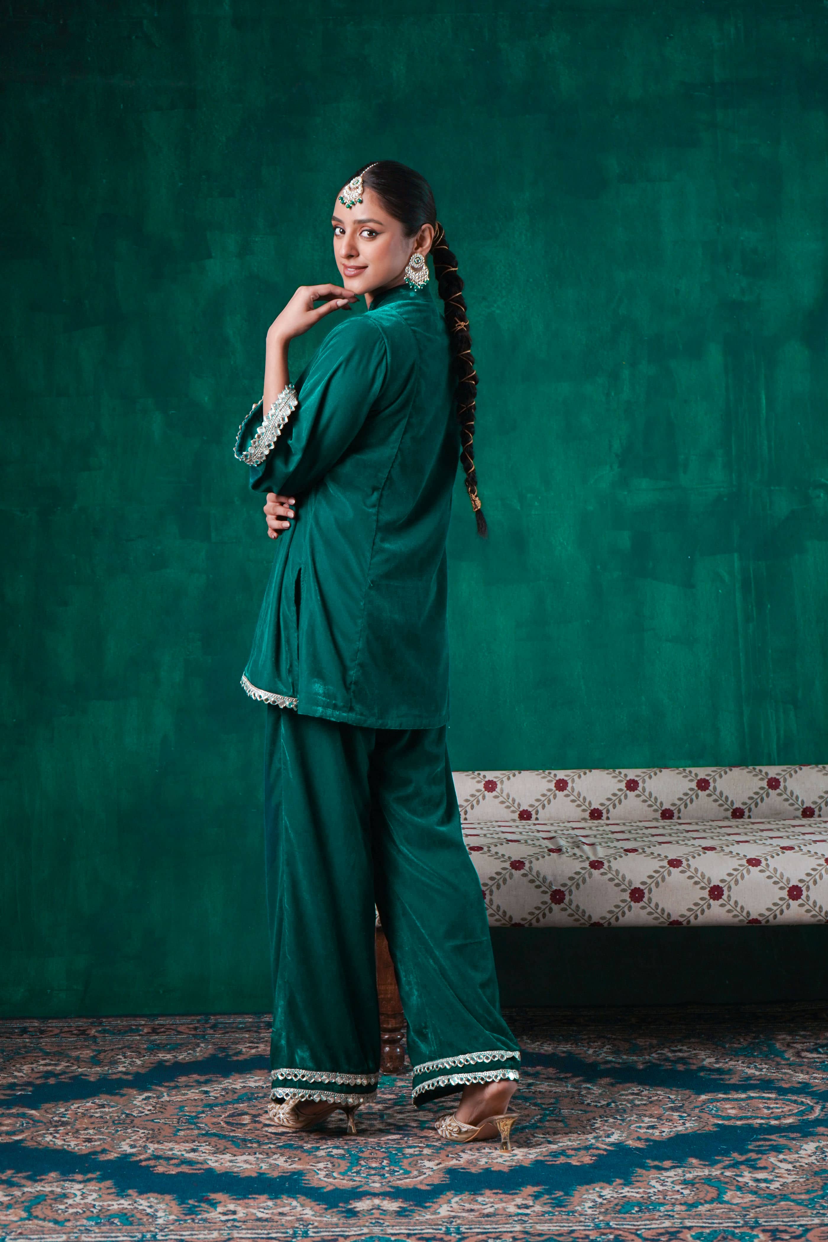 Rutba Green Velvet Mirrorwork Kurta With Pants