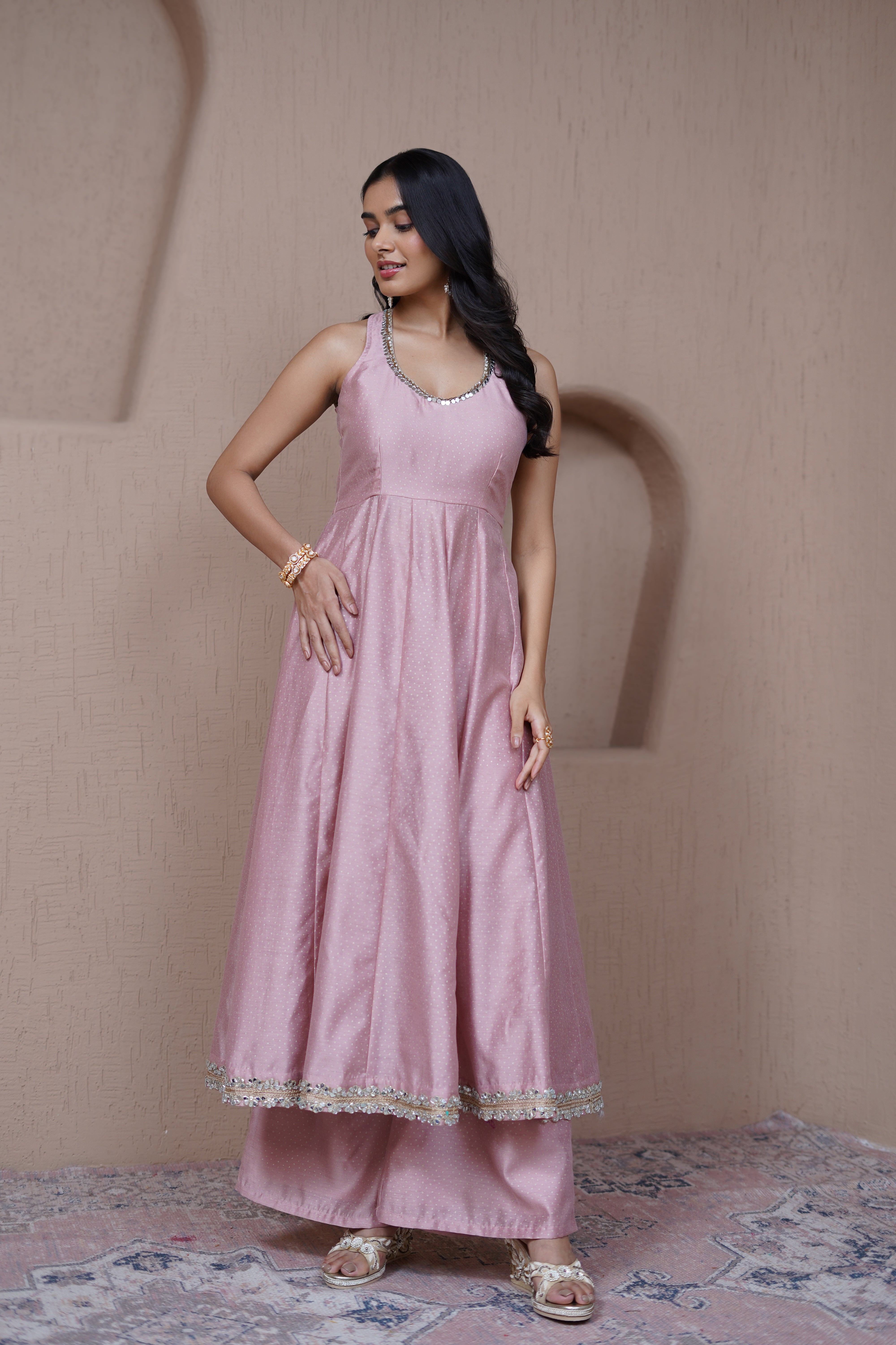 Alaya Resham Pink halterneck anarkali set