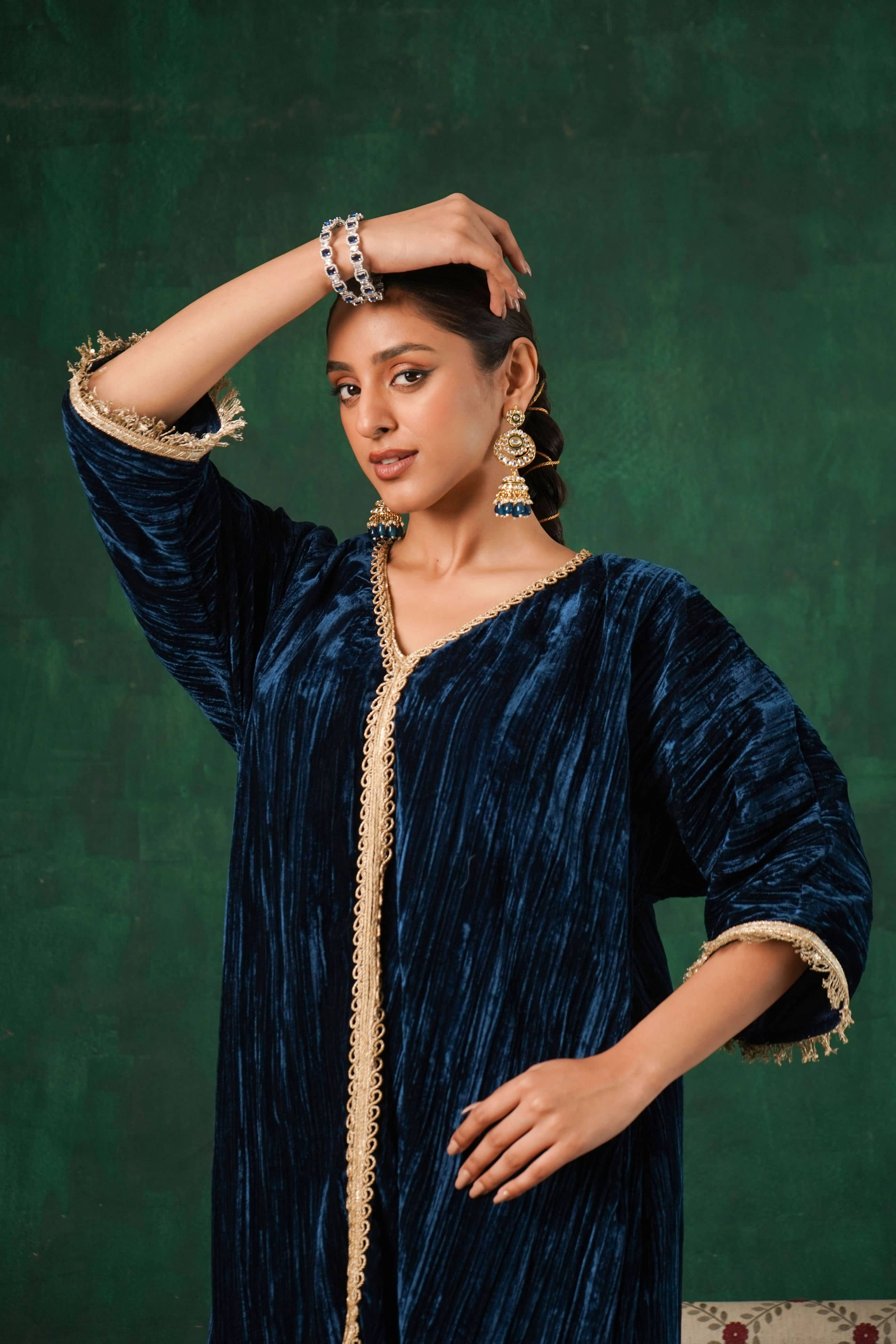 Rutba Navy velvet Kaftan Kurta with Tulip Pants