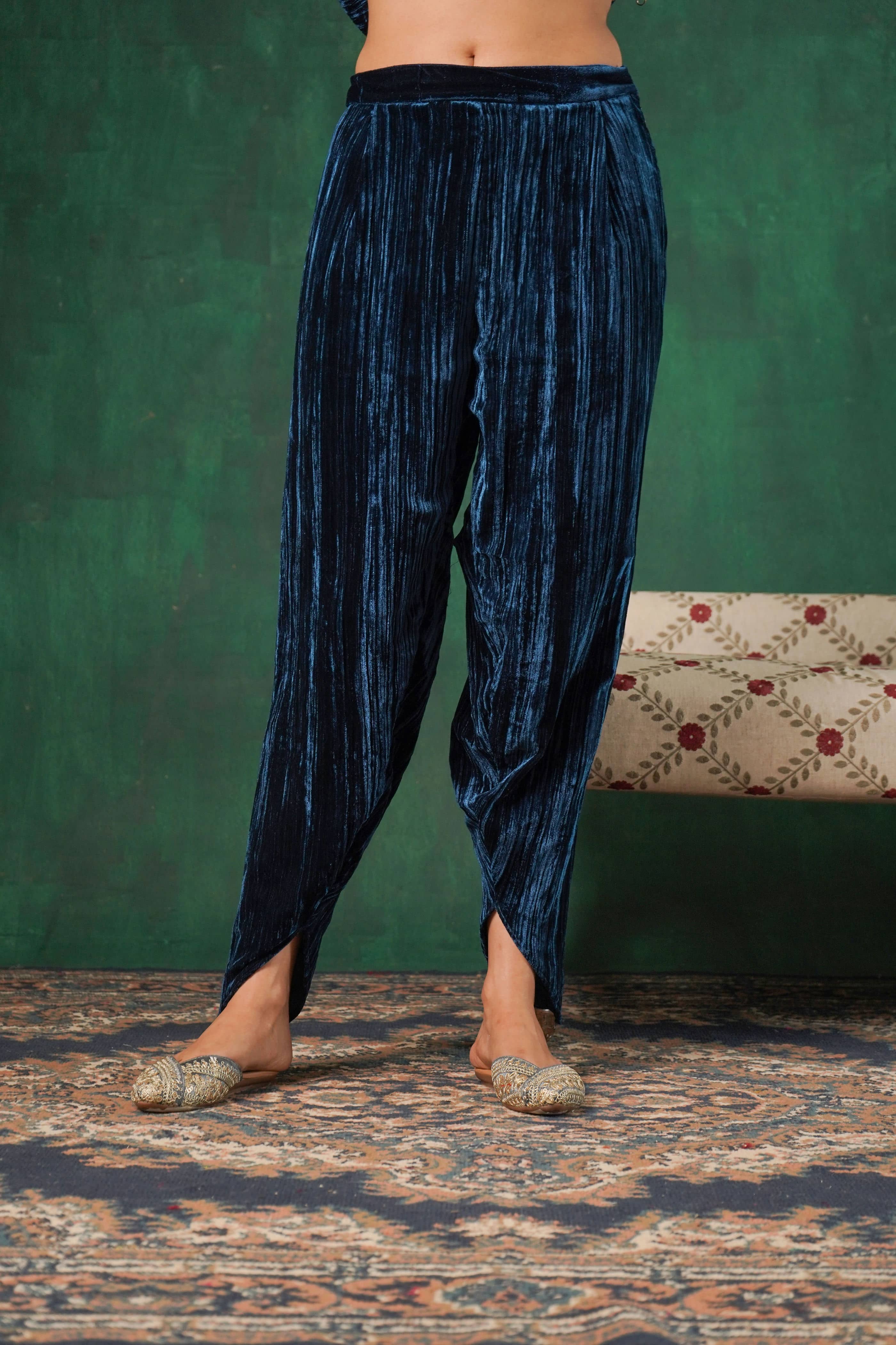 Rutba Navy velvet Kaftan Kurta with Tulip Pants