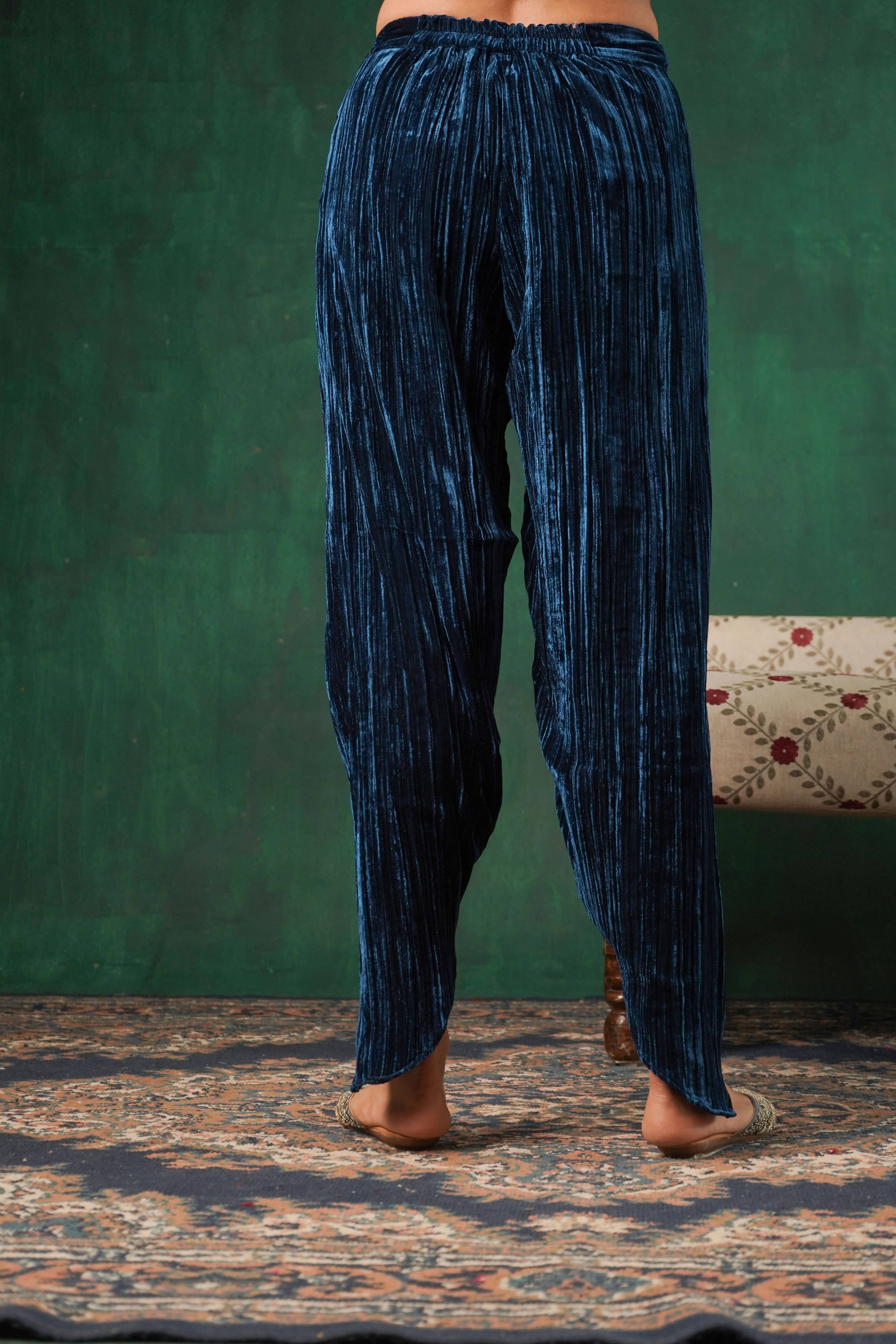 Rutba Navy velvet Kaftan Kurta with Tulip Pants