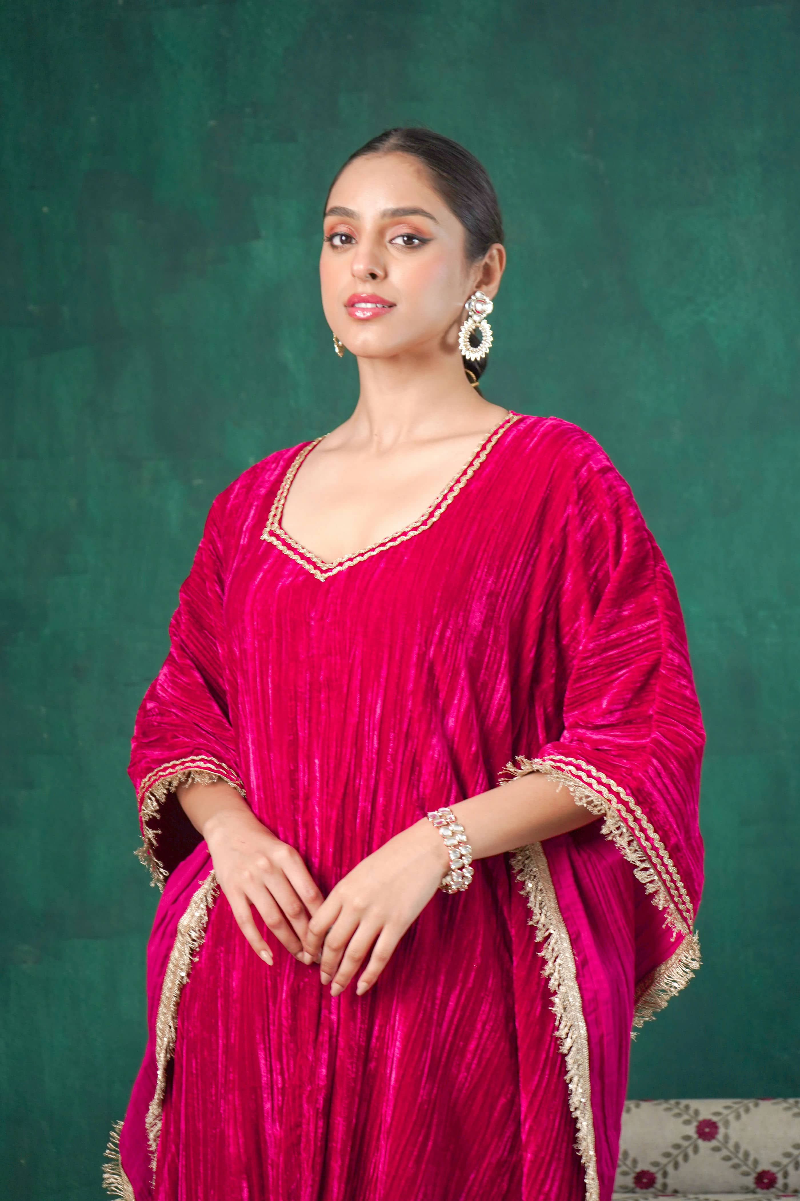 Rutba Fuchsia Velvet Kaftan