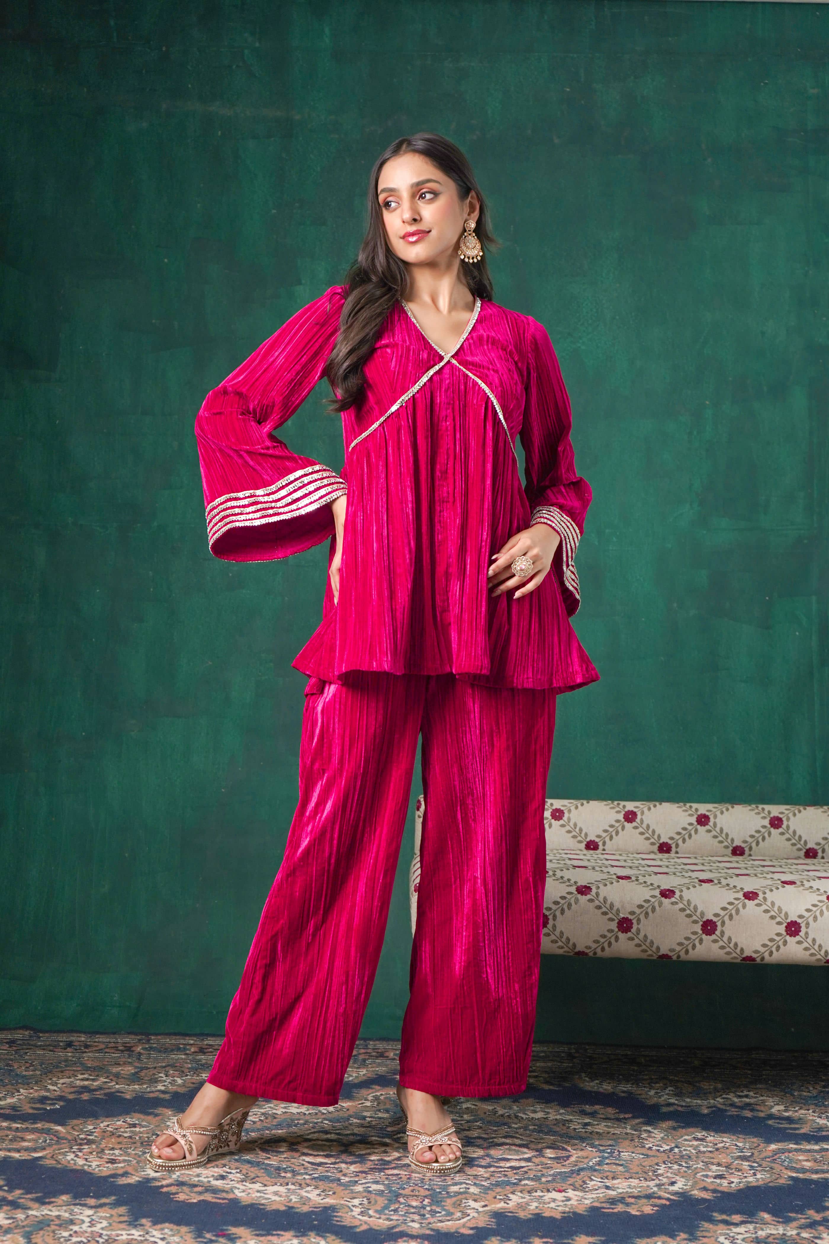 Rutba Fuchsia Velvet Peplum Kurta Set