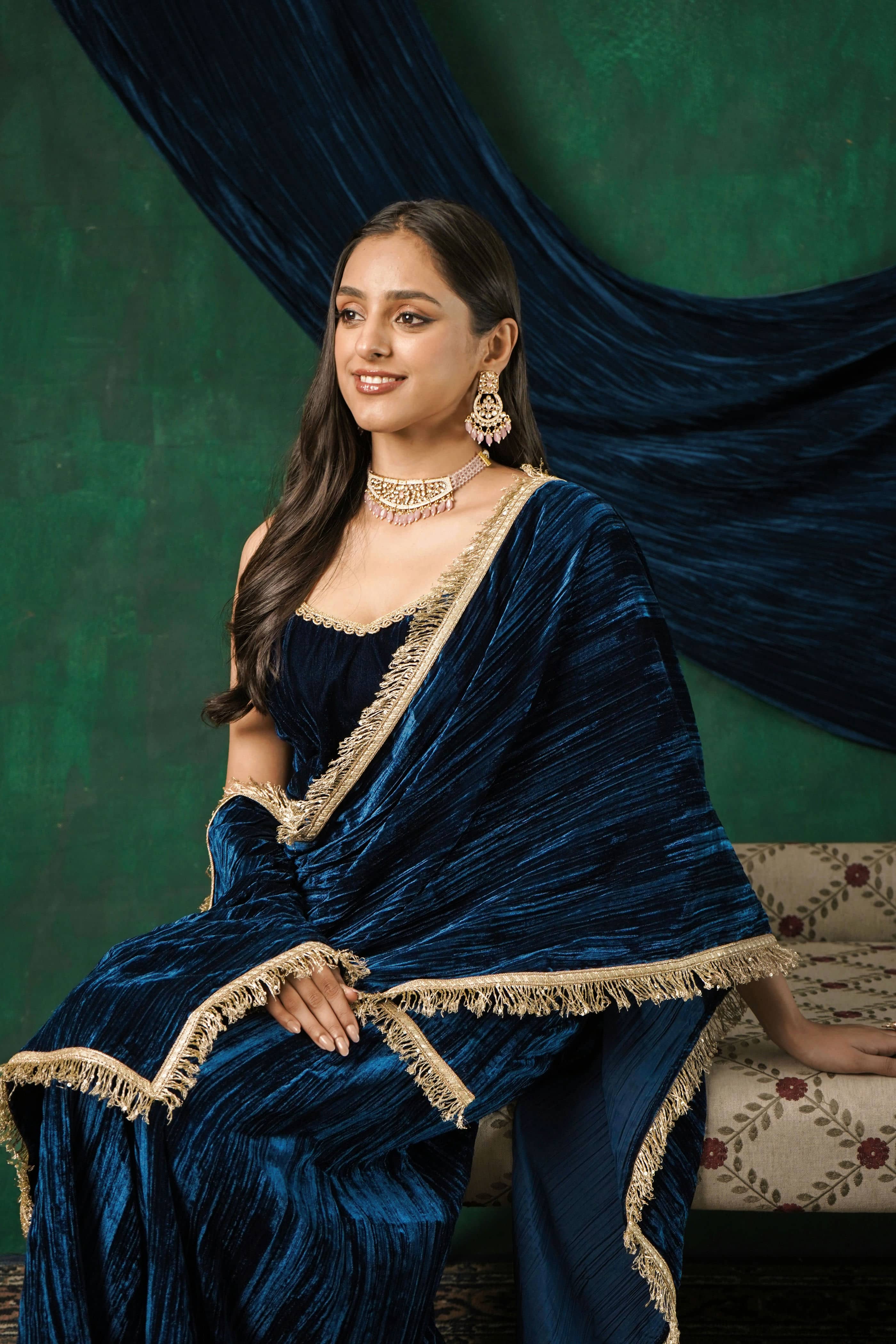 Rutba Navy Velvet Half Dupatta