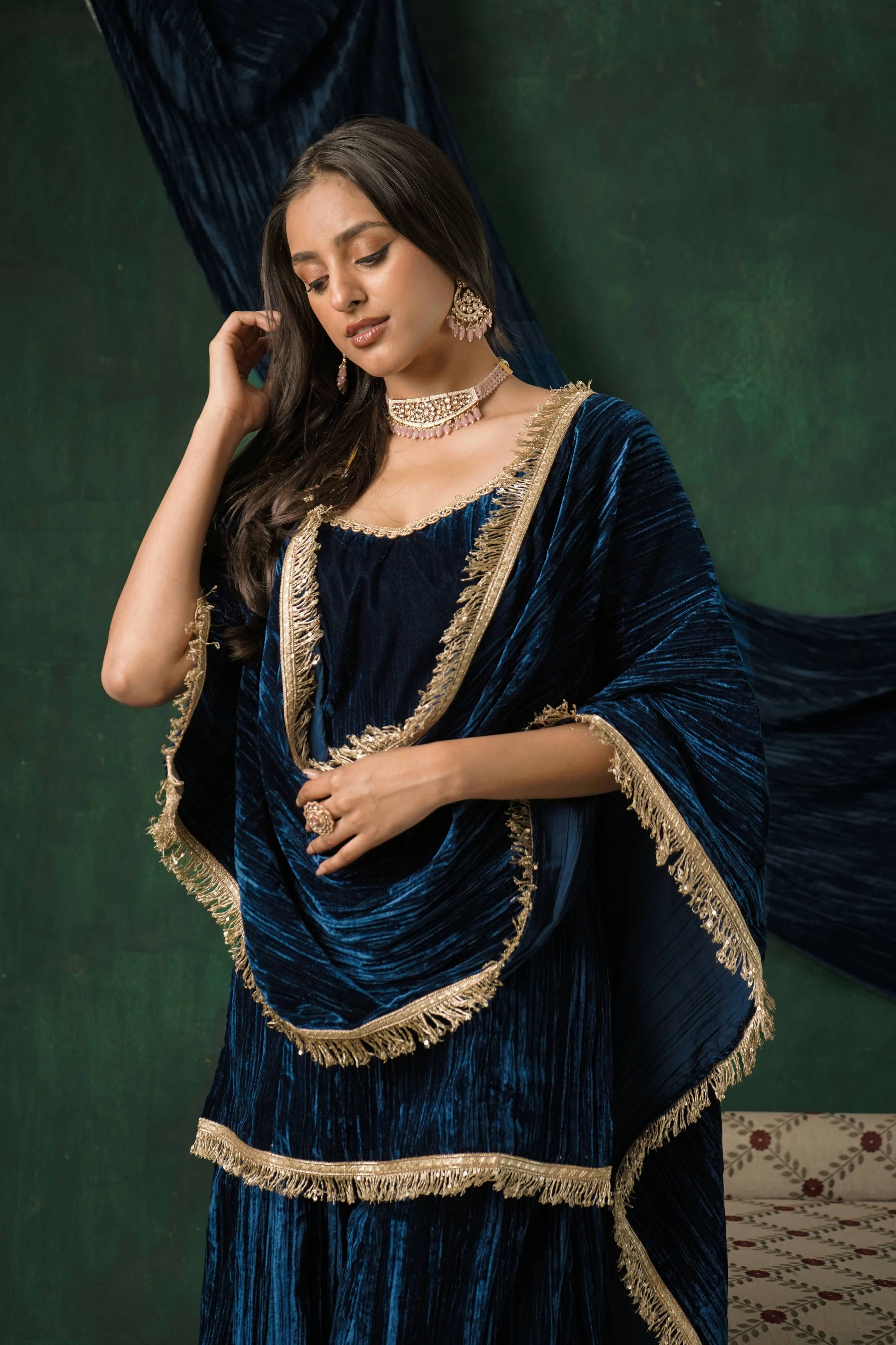 Rutba Navy Velvet Half Dupatta