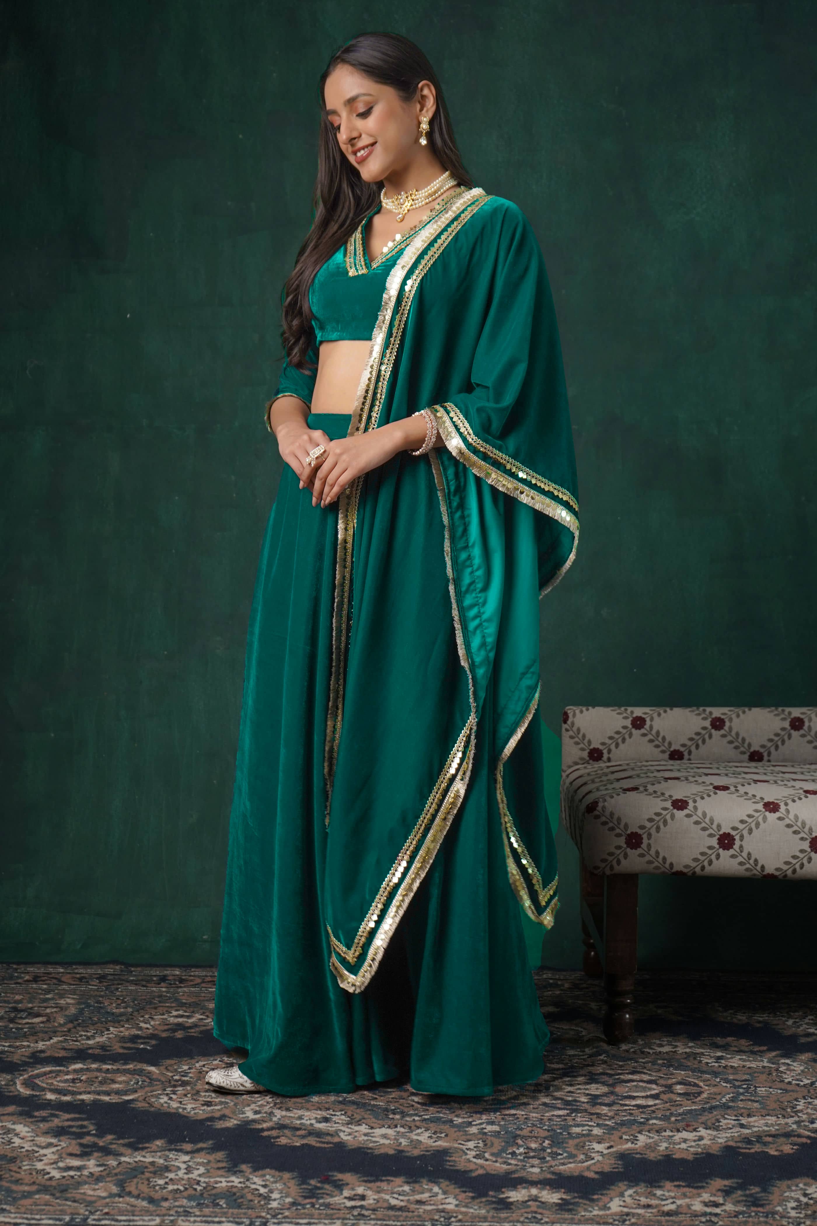 Rutba Green Velvet Lehenga Skirt