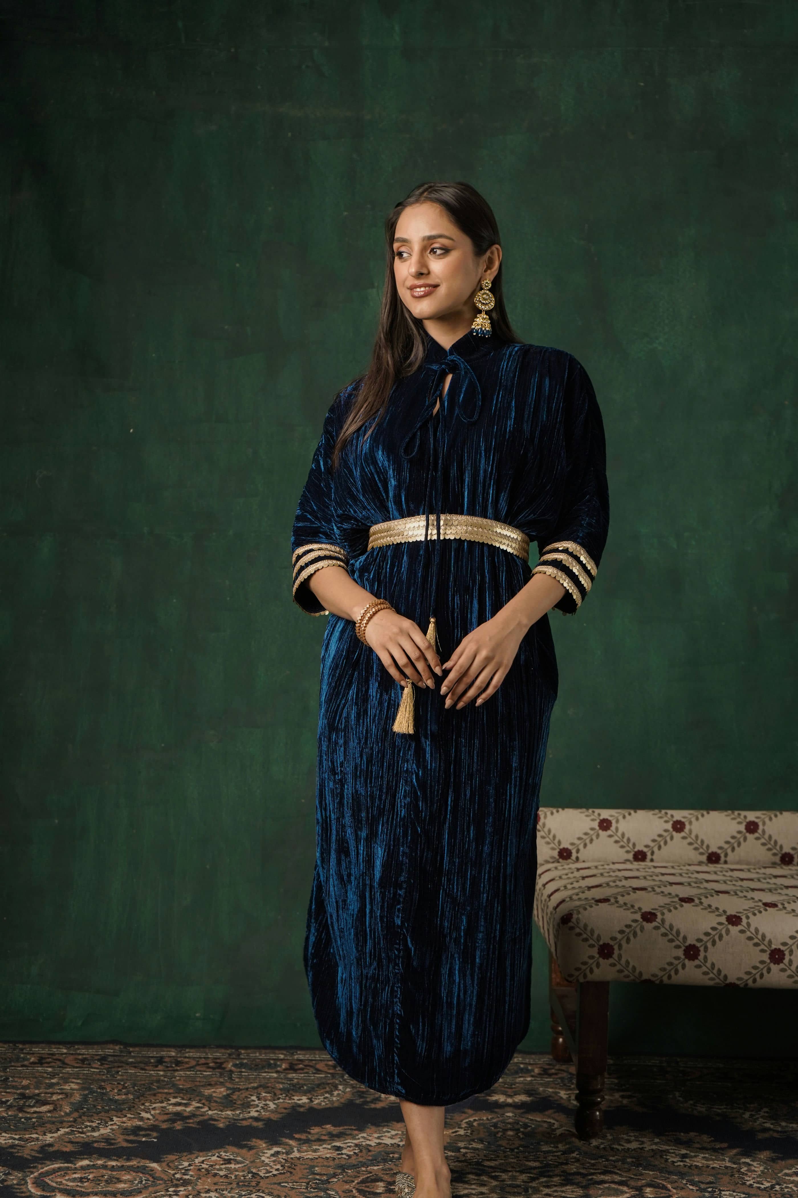 Rutba Navy Velvet Kaftan with Belt