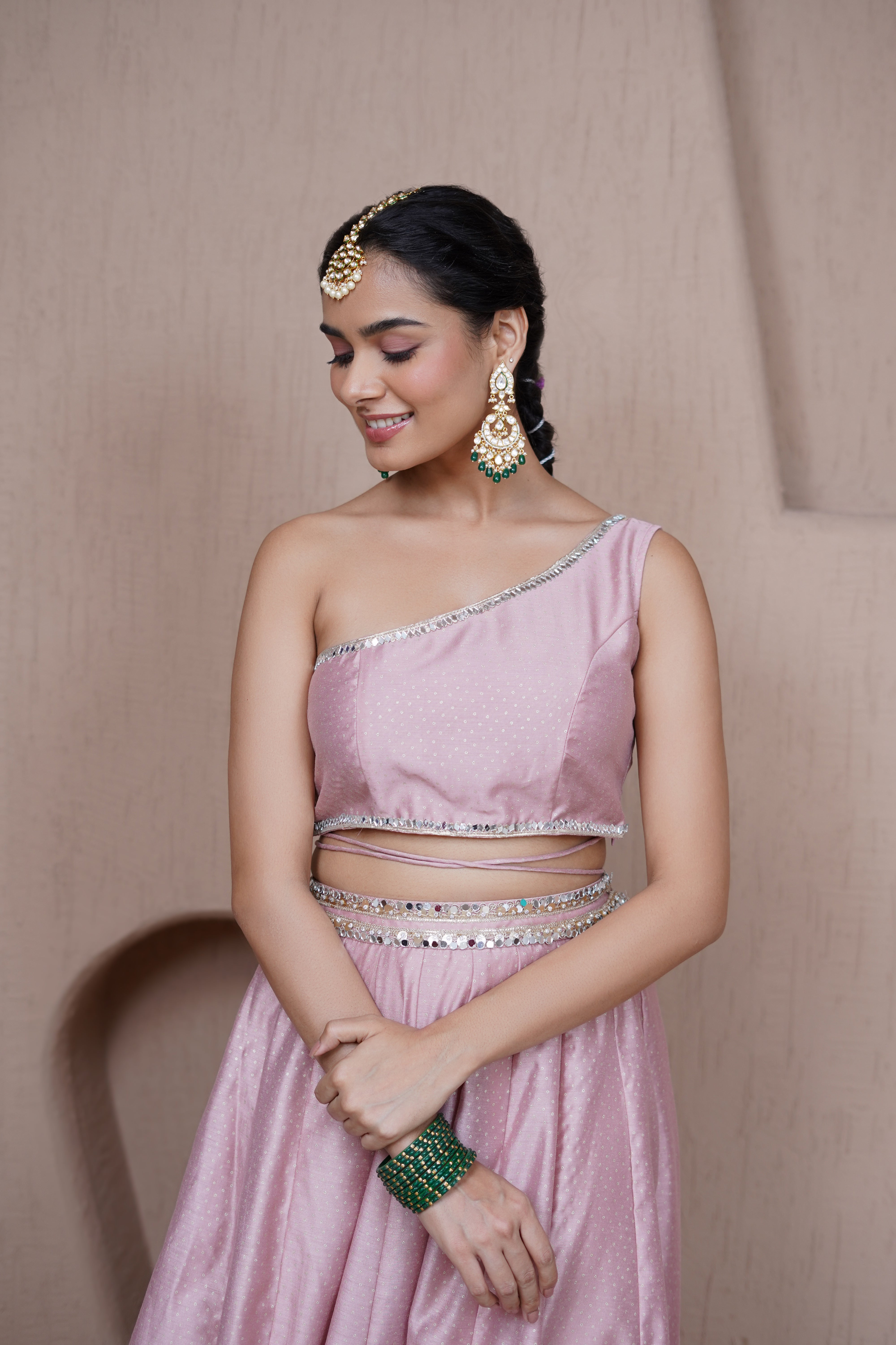 Alaya Resham Pink one shoulder lehenga set