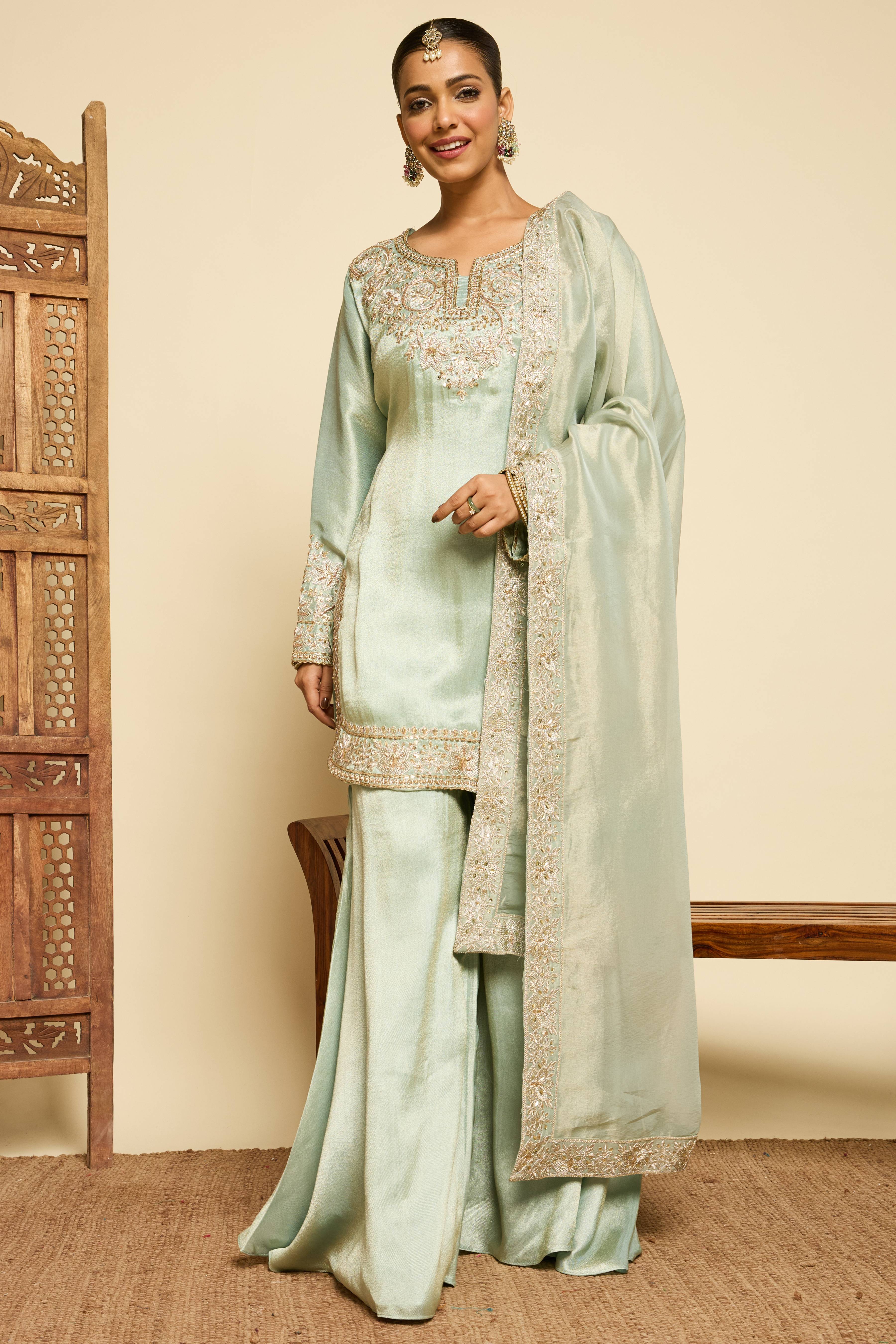 Malang Celadon Silk Gharara Set