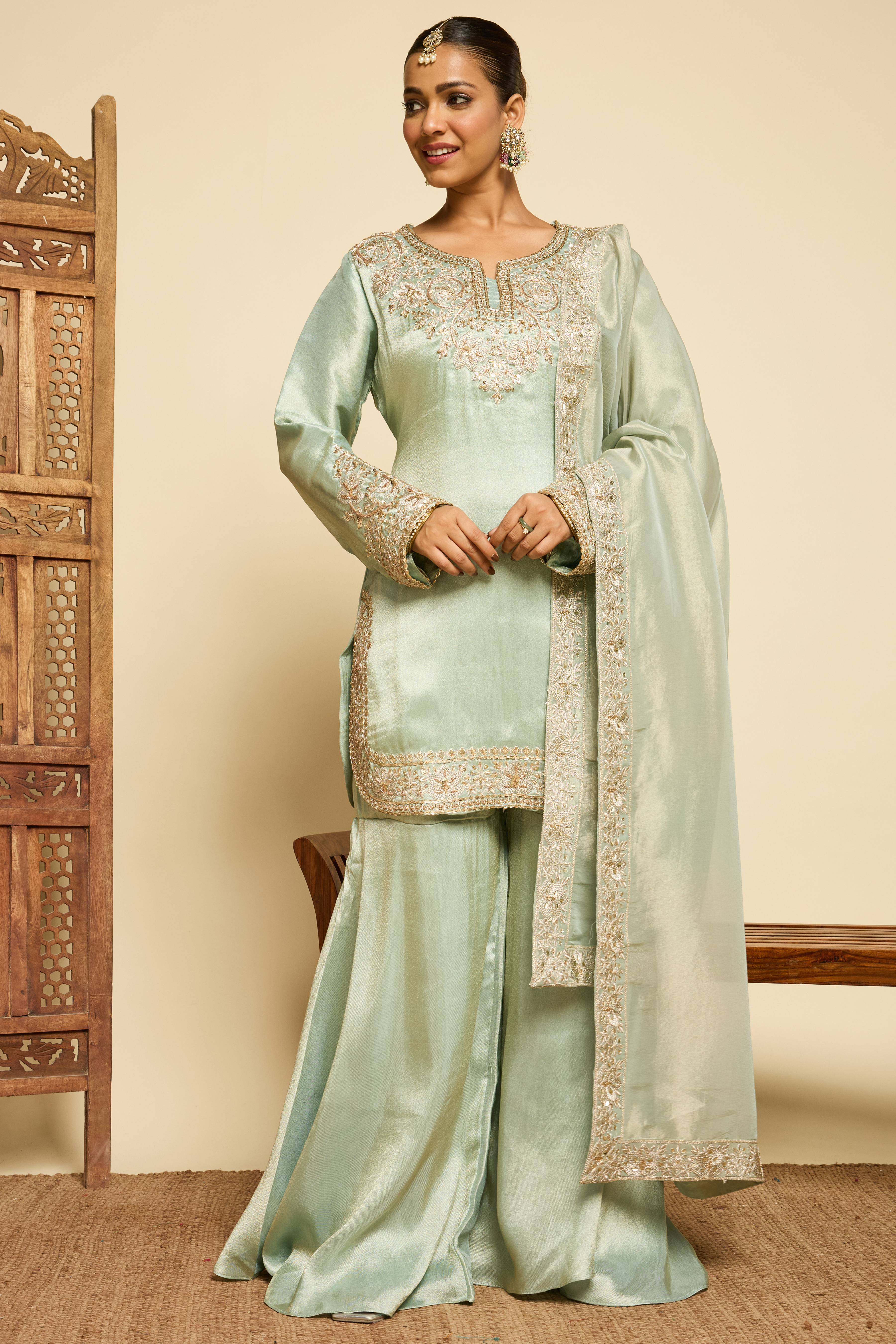 Malang Celadon Silk Gharara Set