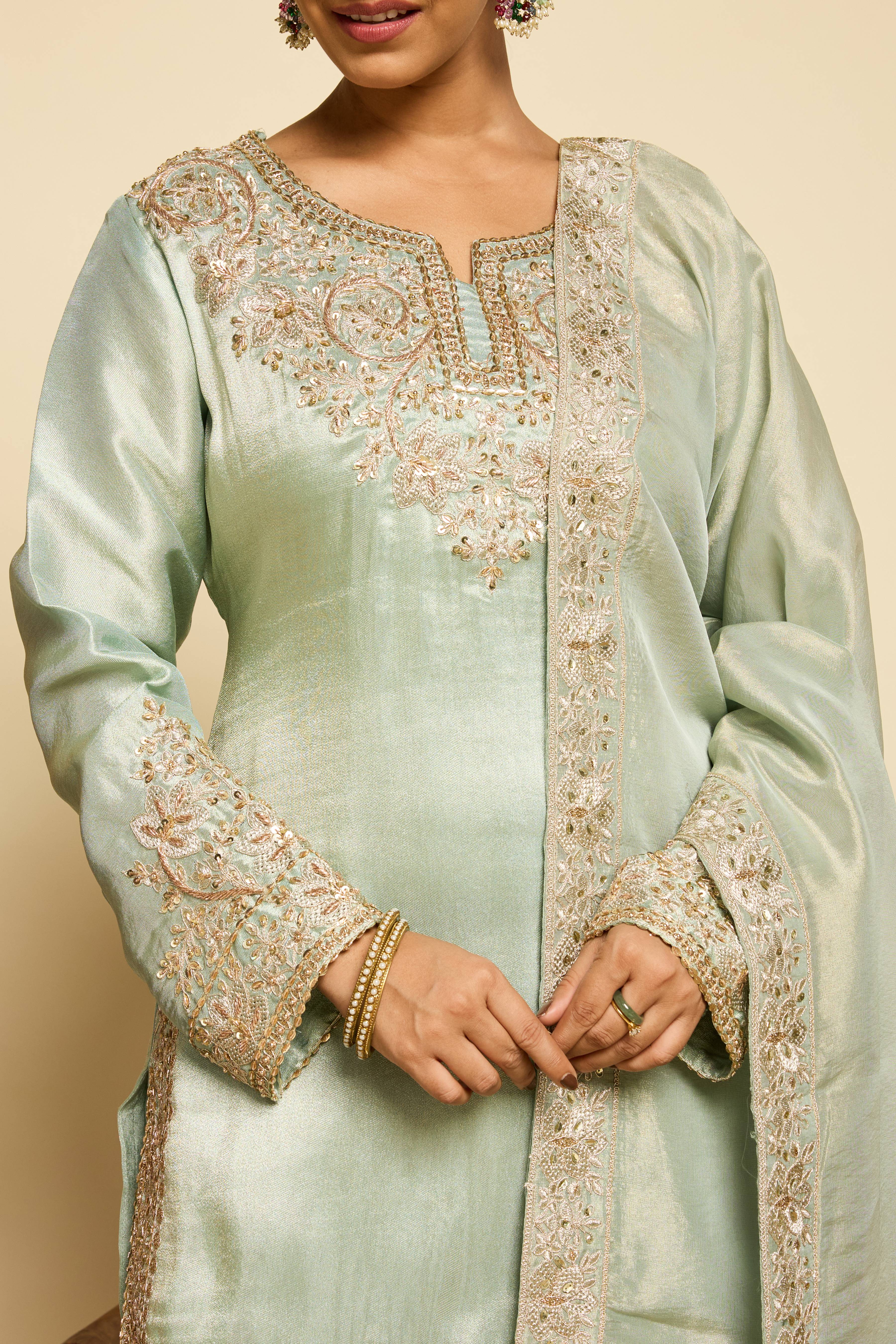 Malang Celadon Silk Gharara Set