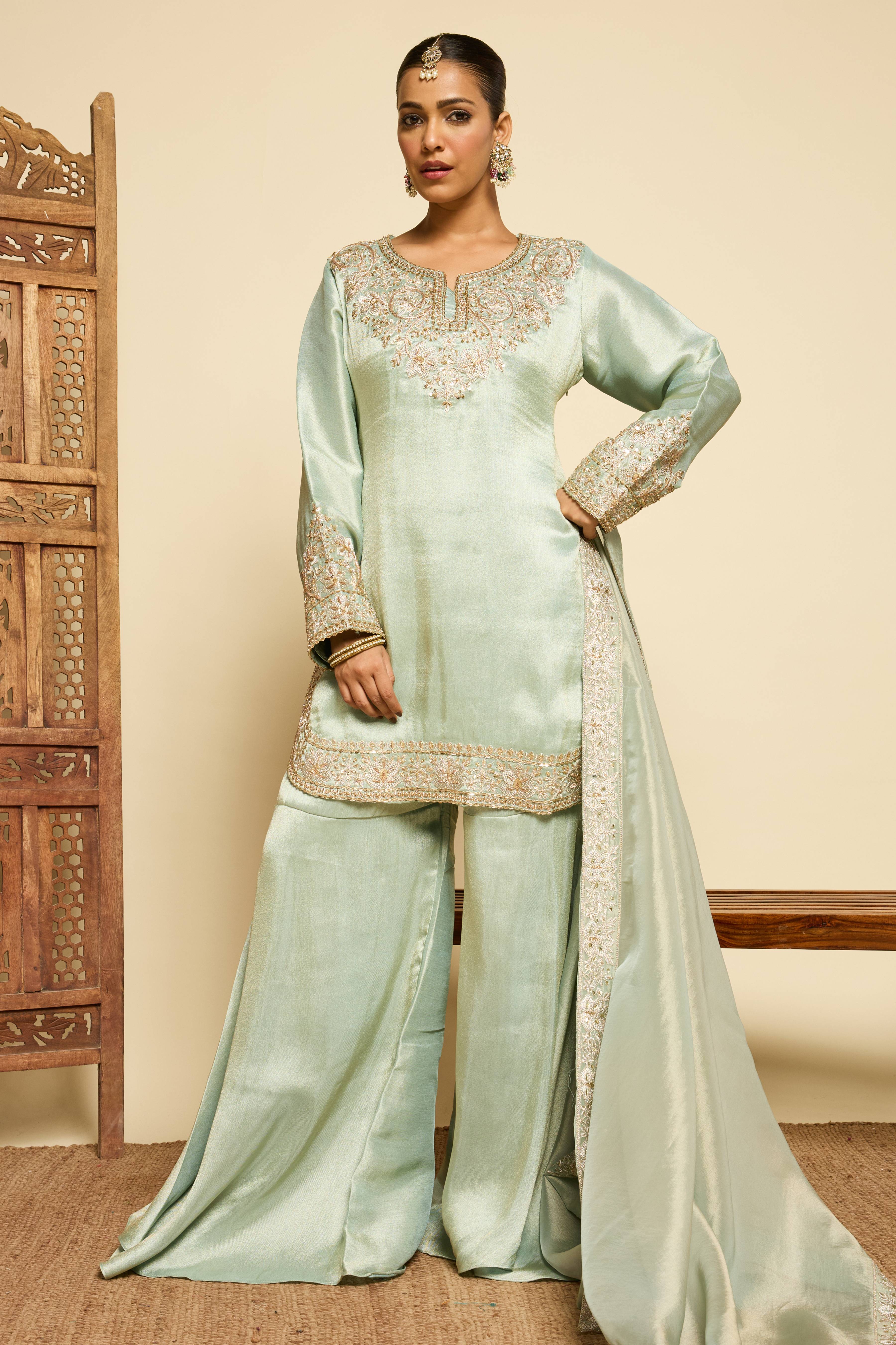 Malang Celadon Silk Gharara Set