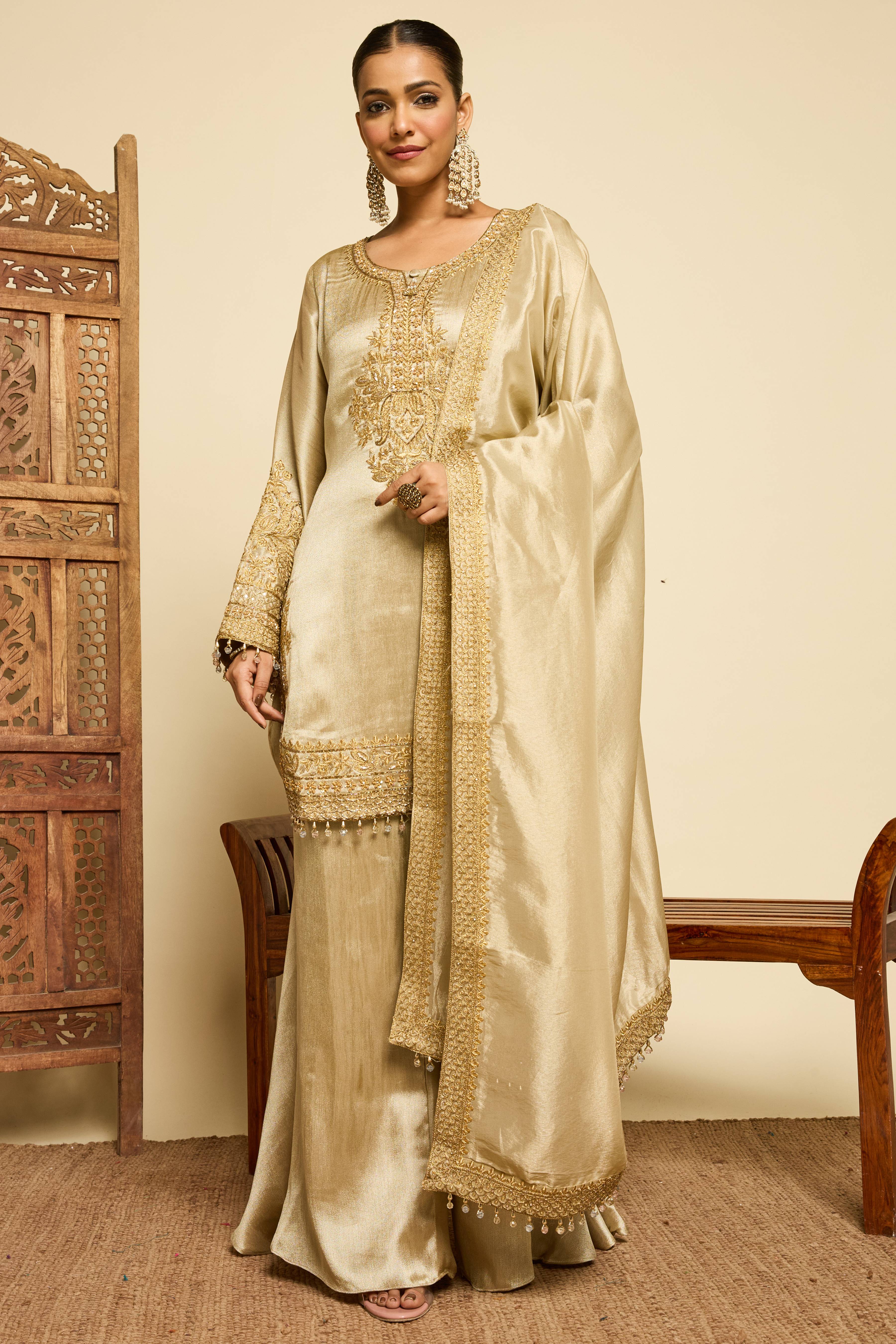 Malang Champagne Silk Sharara Set