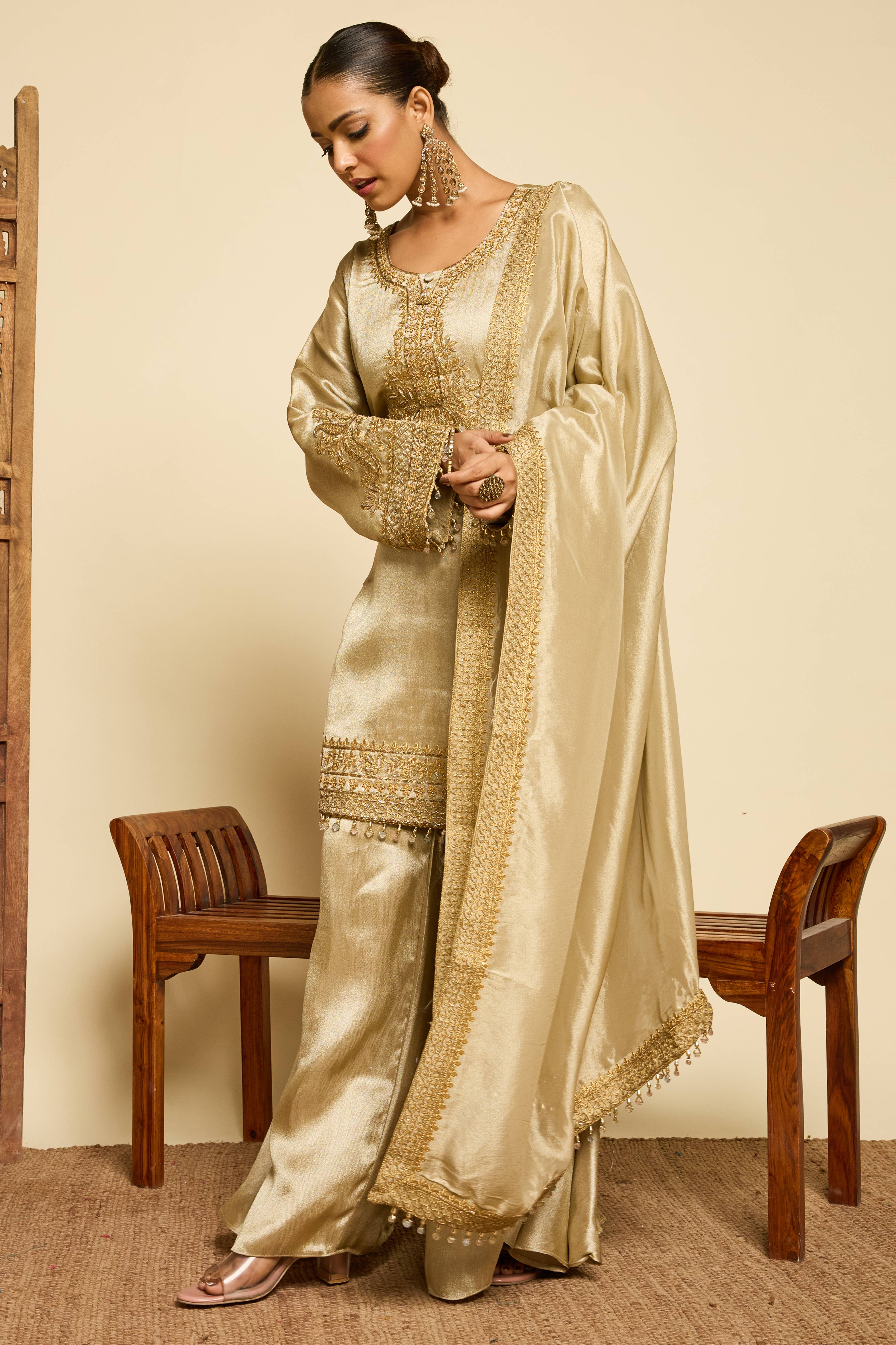Malang Champagne Silk Sharara Set